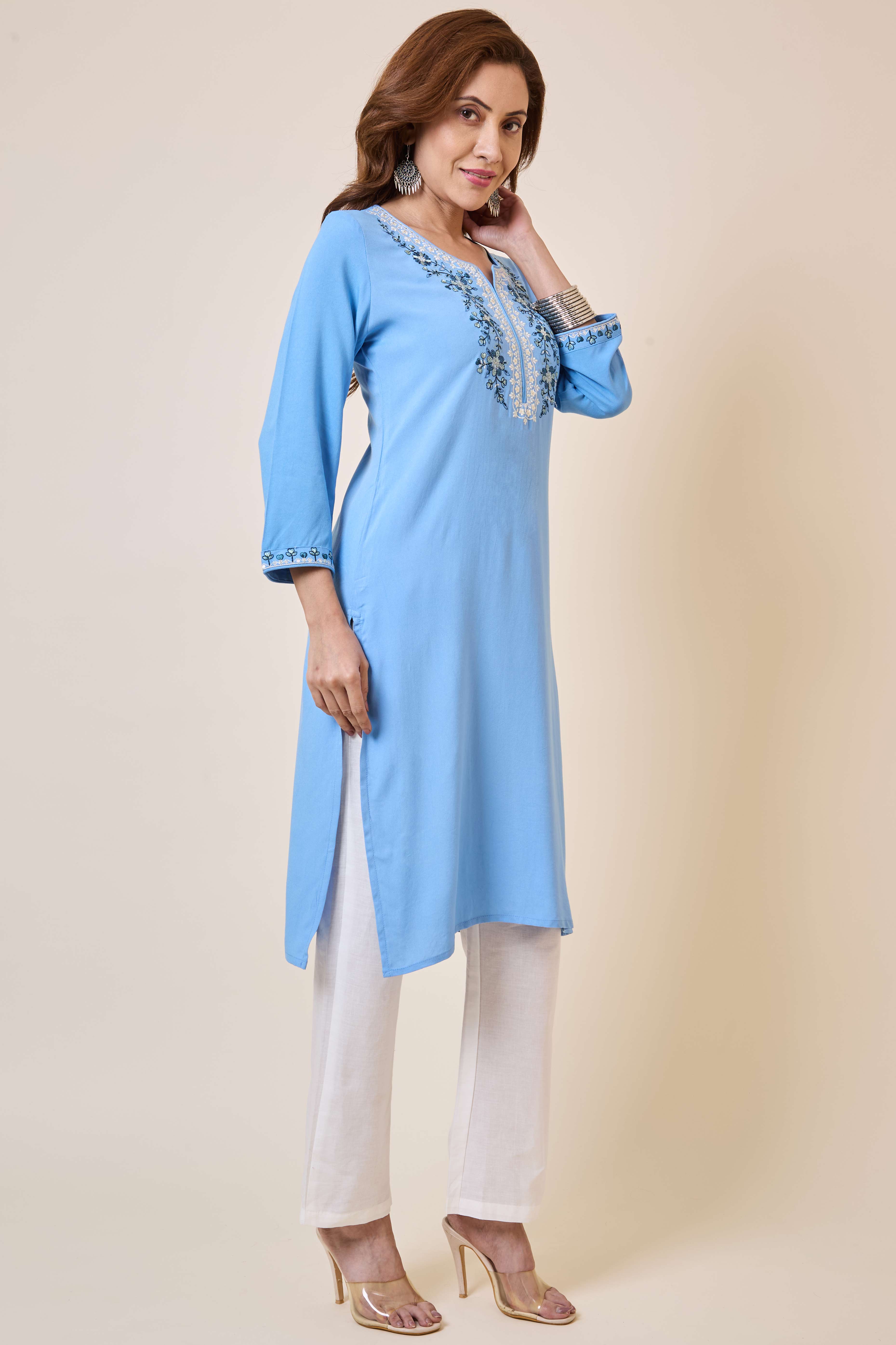 Sky Blue Yoke Embroidered Rayon Straight Kurti