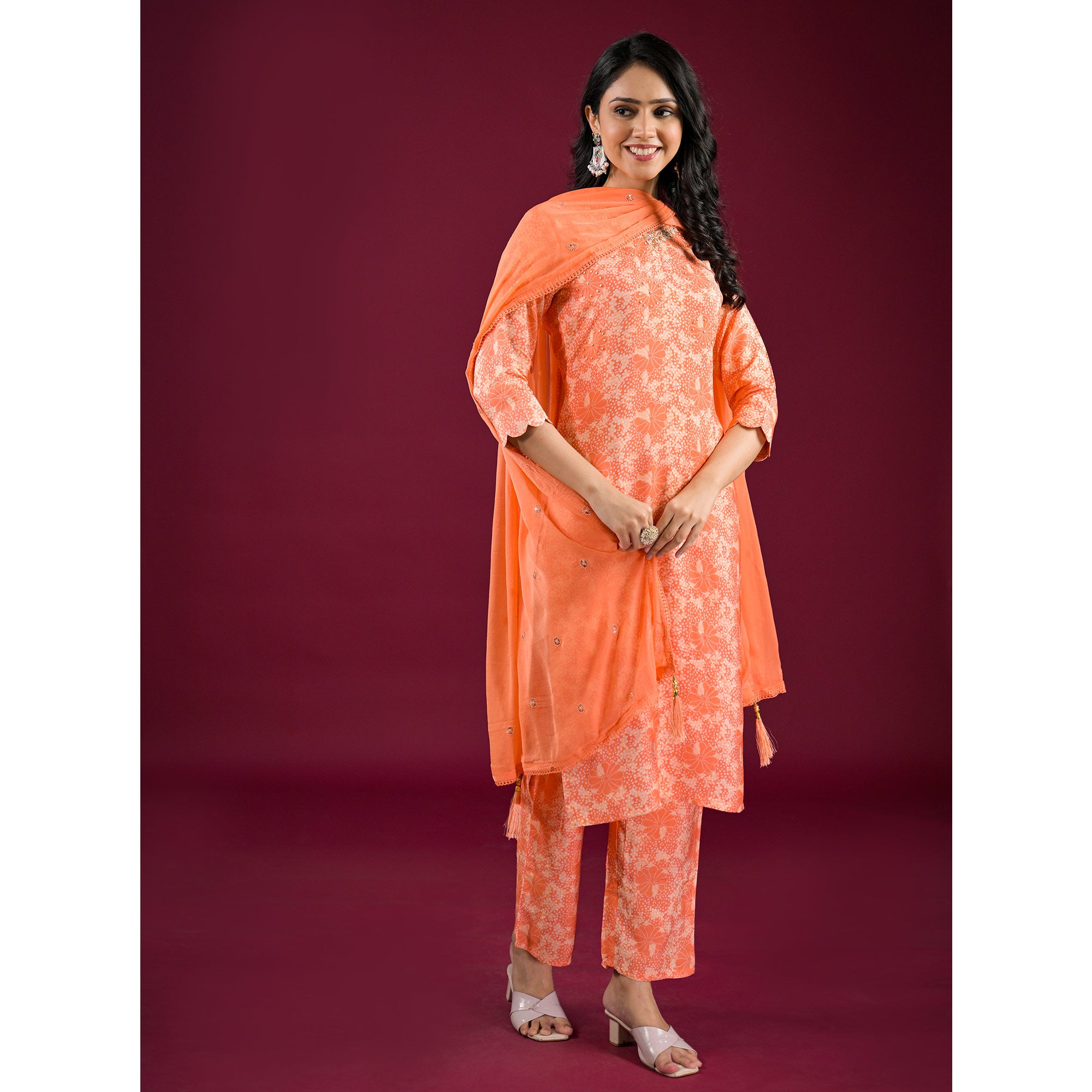 Orange Floral Printed Muslin Straight Salwar Suit