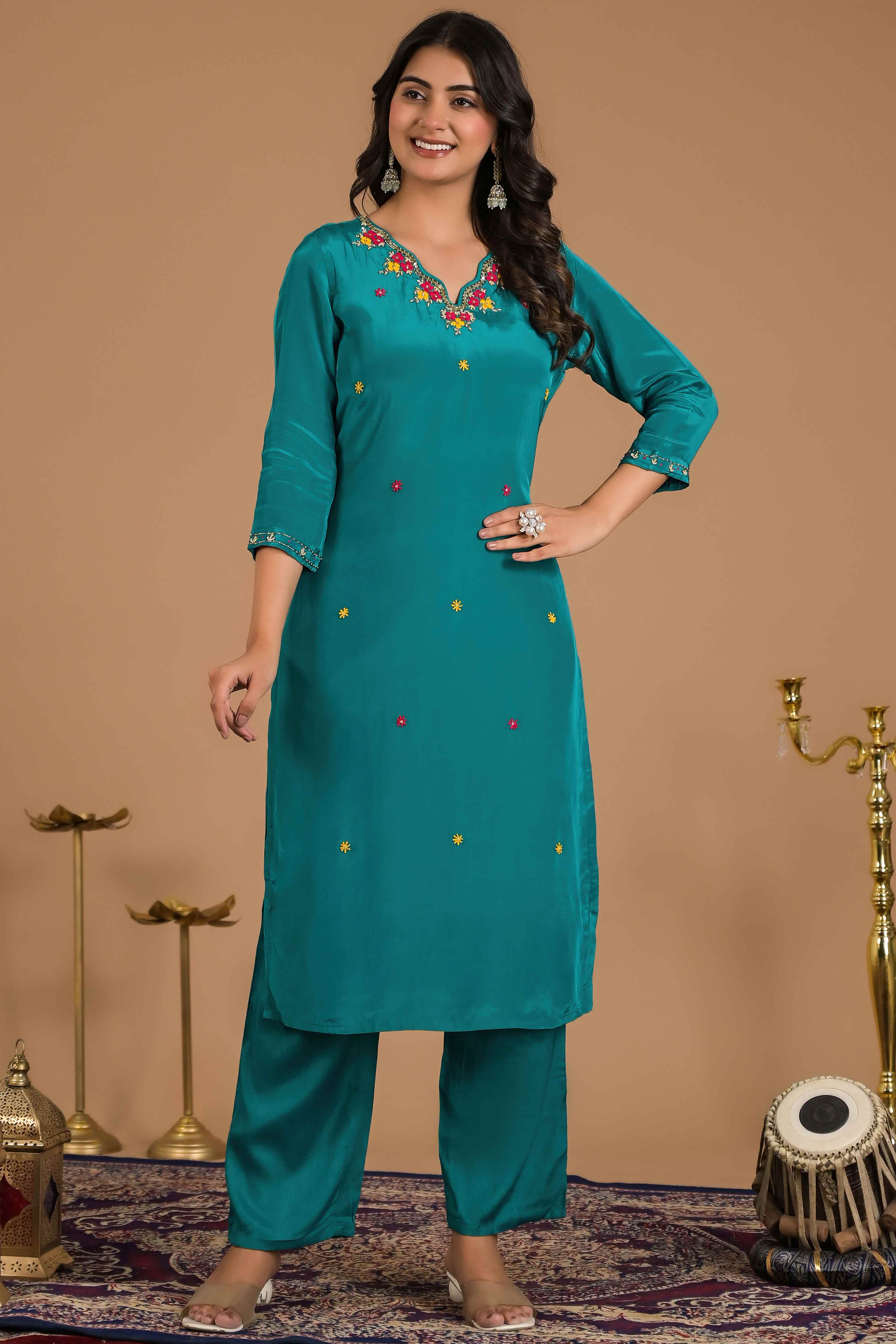 Turquoise Beads Work Embroidered Crepe Salwar Suit