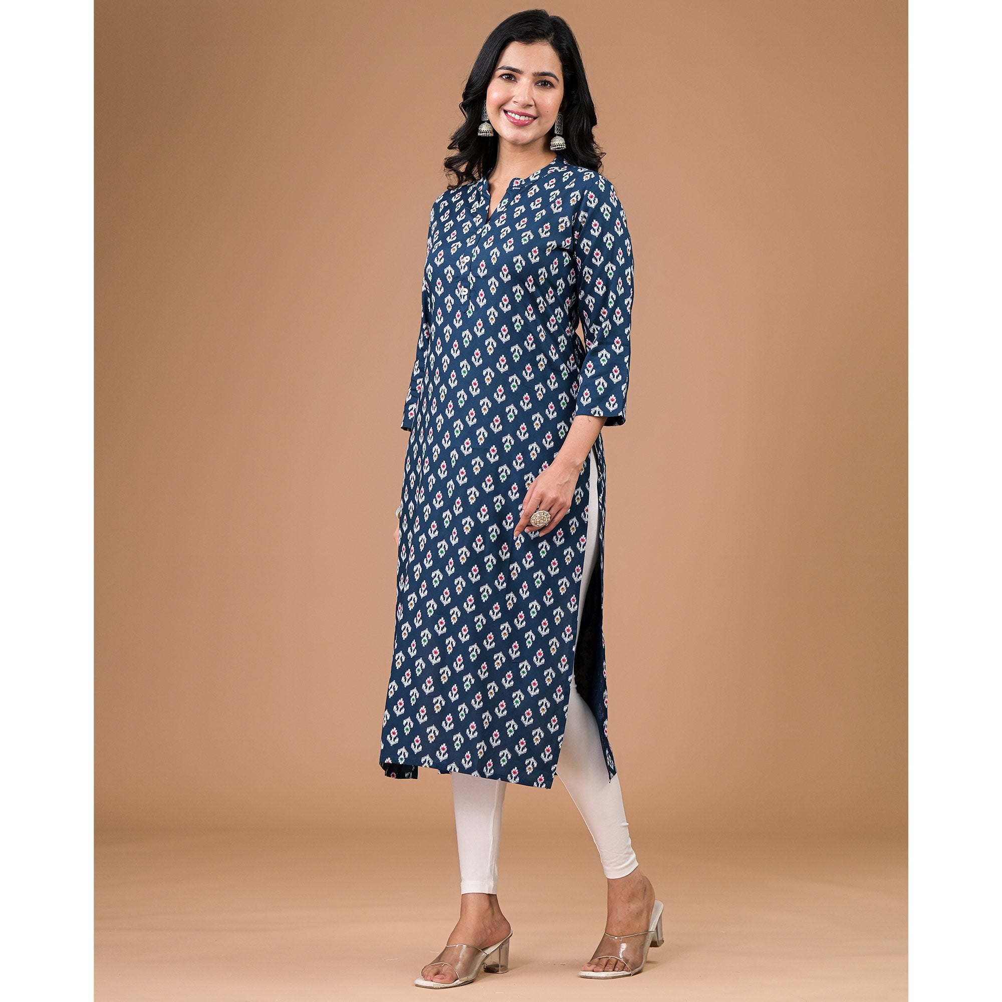 Navy Blue Rayon Printed Straight Kurti