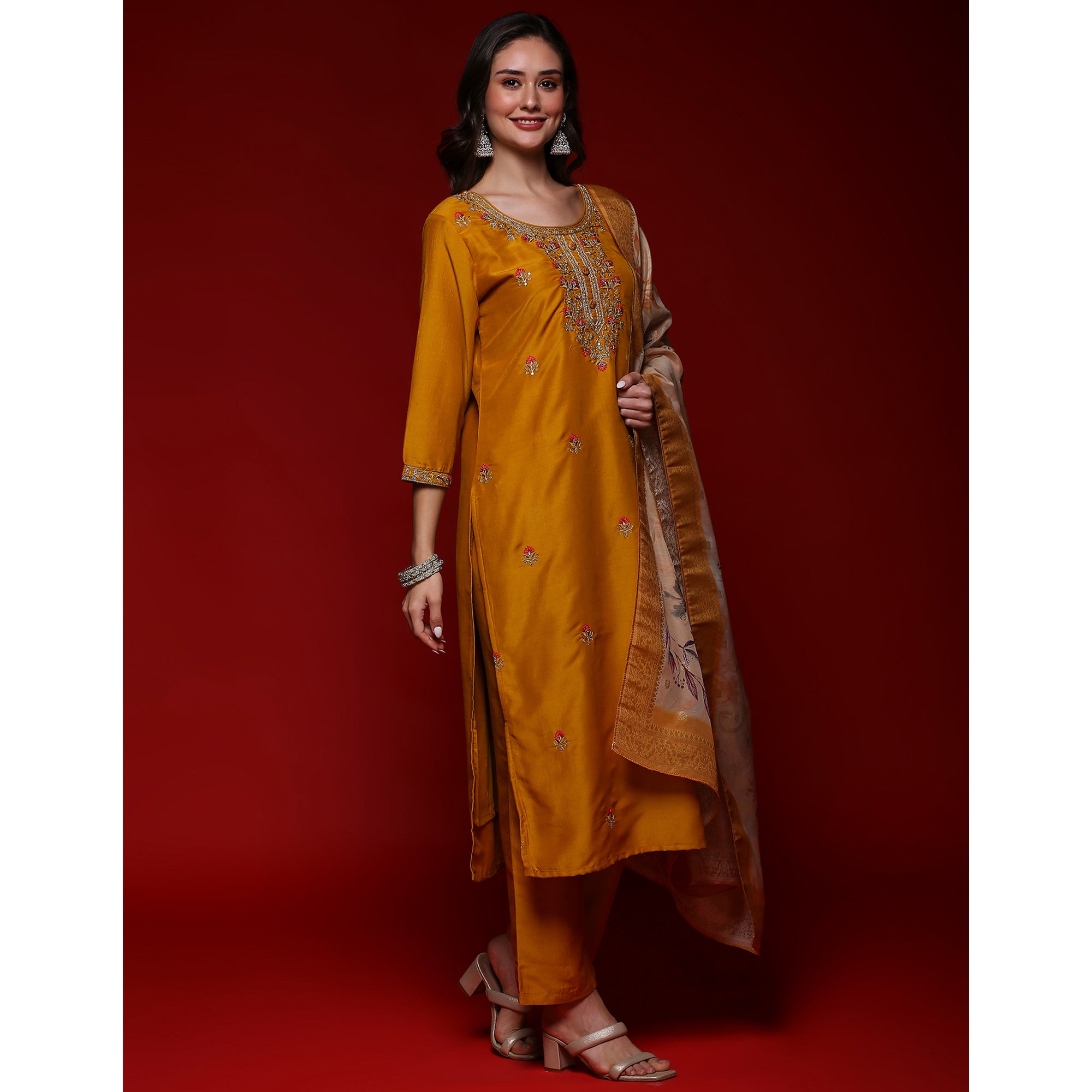 Mustard Floral Embroidered Cotton Silk Salwar Suit