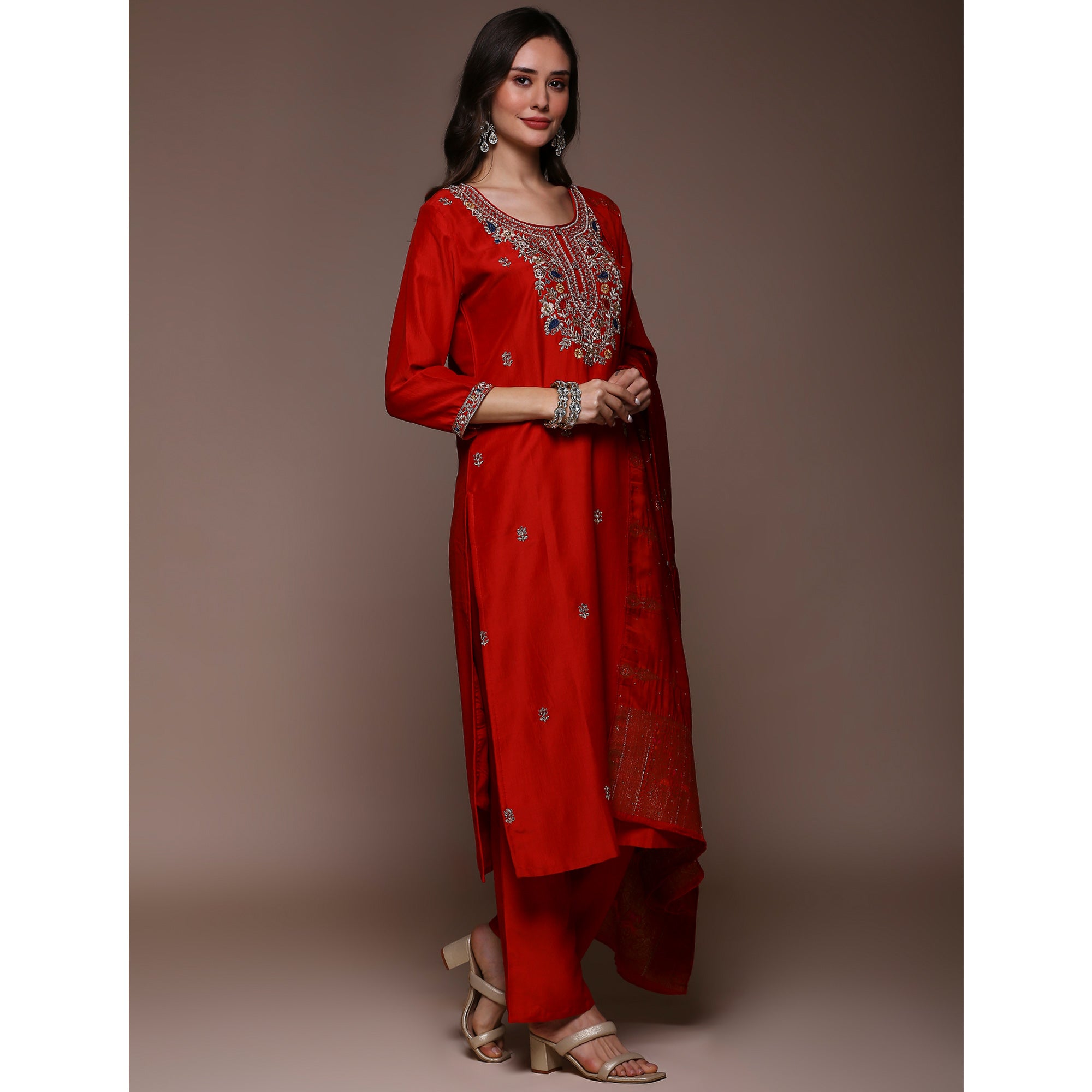 Red Floral Embroidered Cotton Silk Salwar Suit