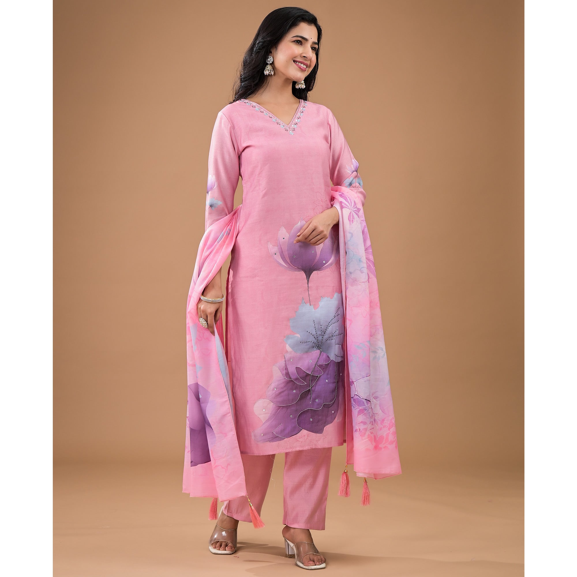 Pink Embroidered Viscose Straight Salwar Suit