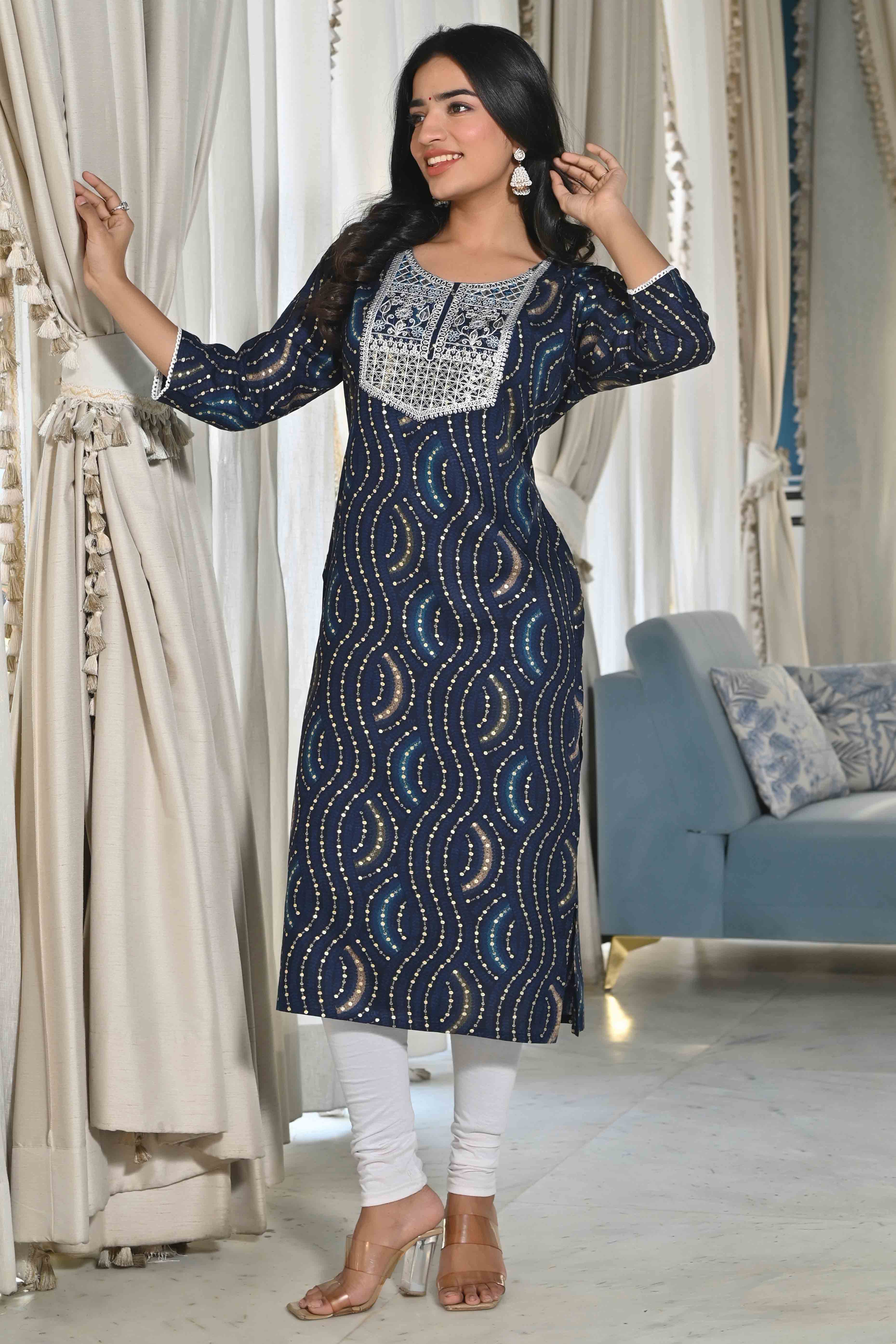 Blue Foil Printed Rayon Straight Kurti