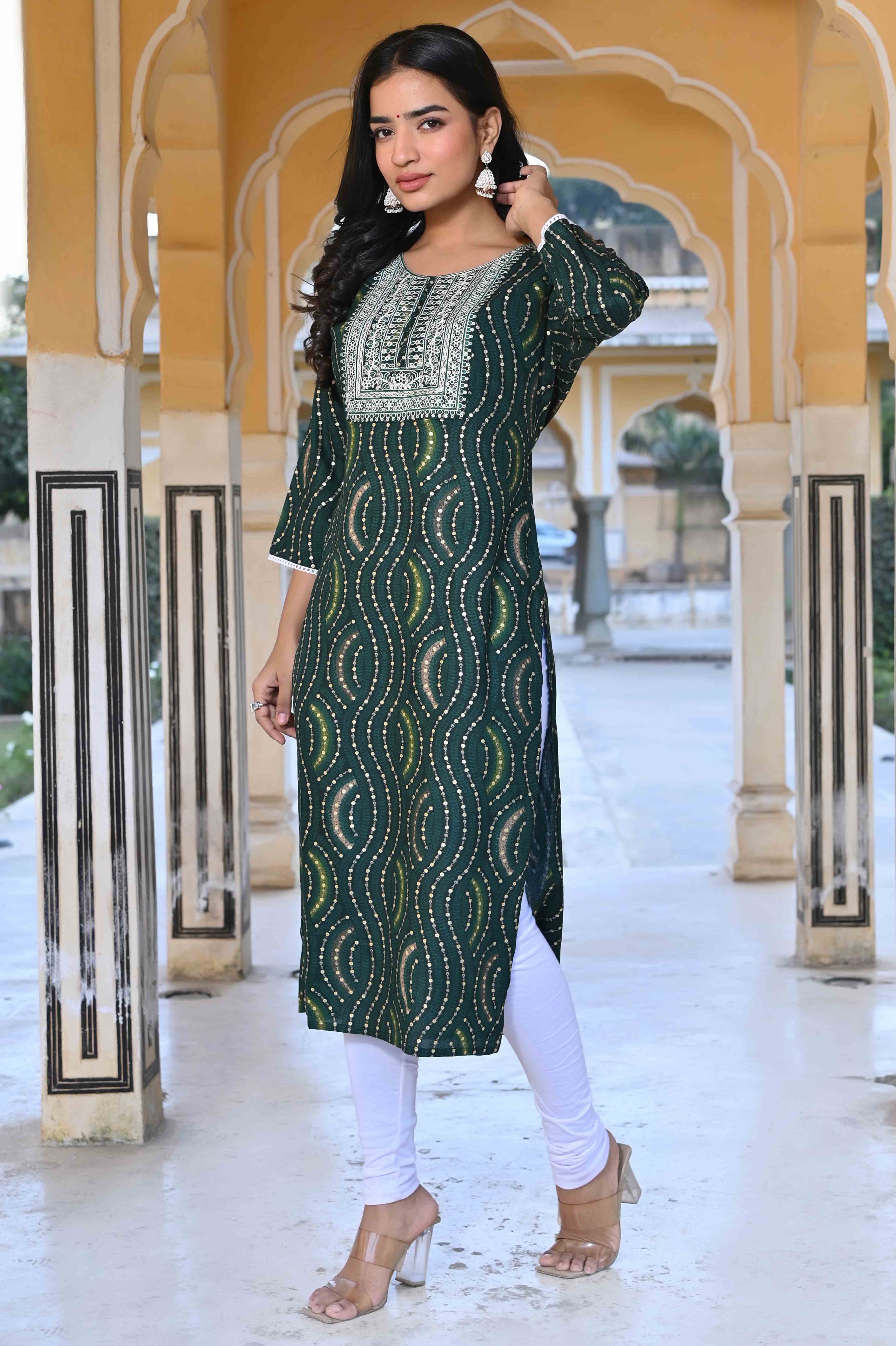 Green Foil Printed Rayon Straight Kurti