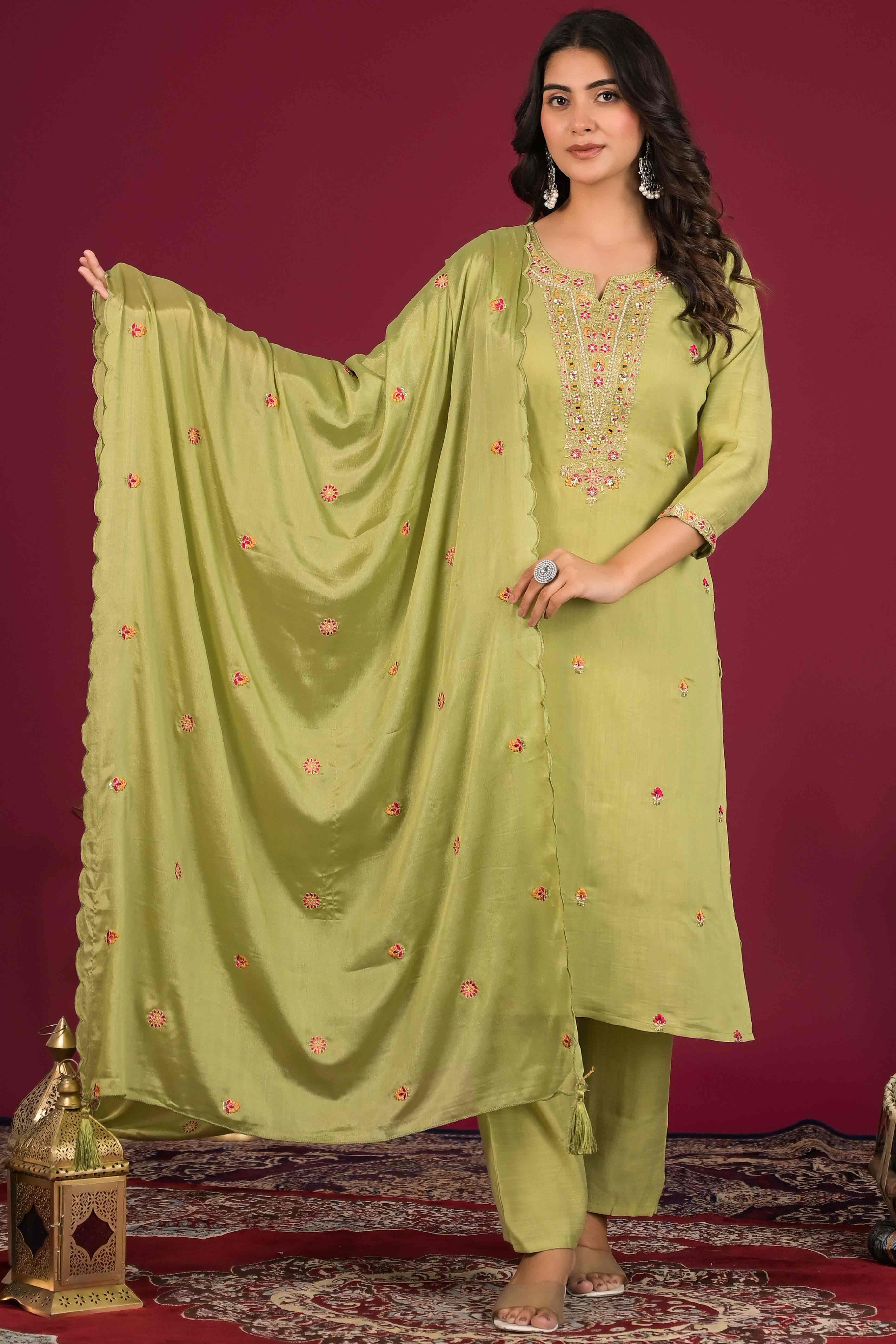 Green Floral Embroidered Pure Cotton Salwar Suit