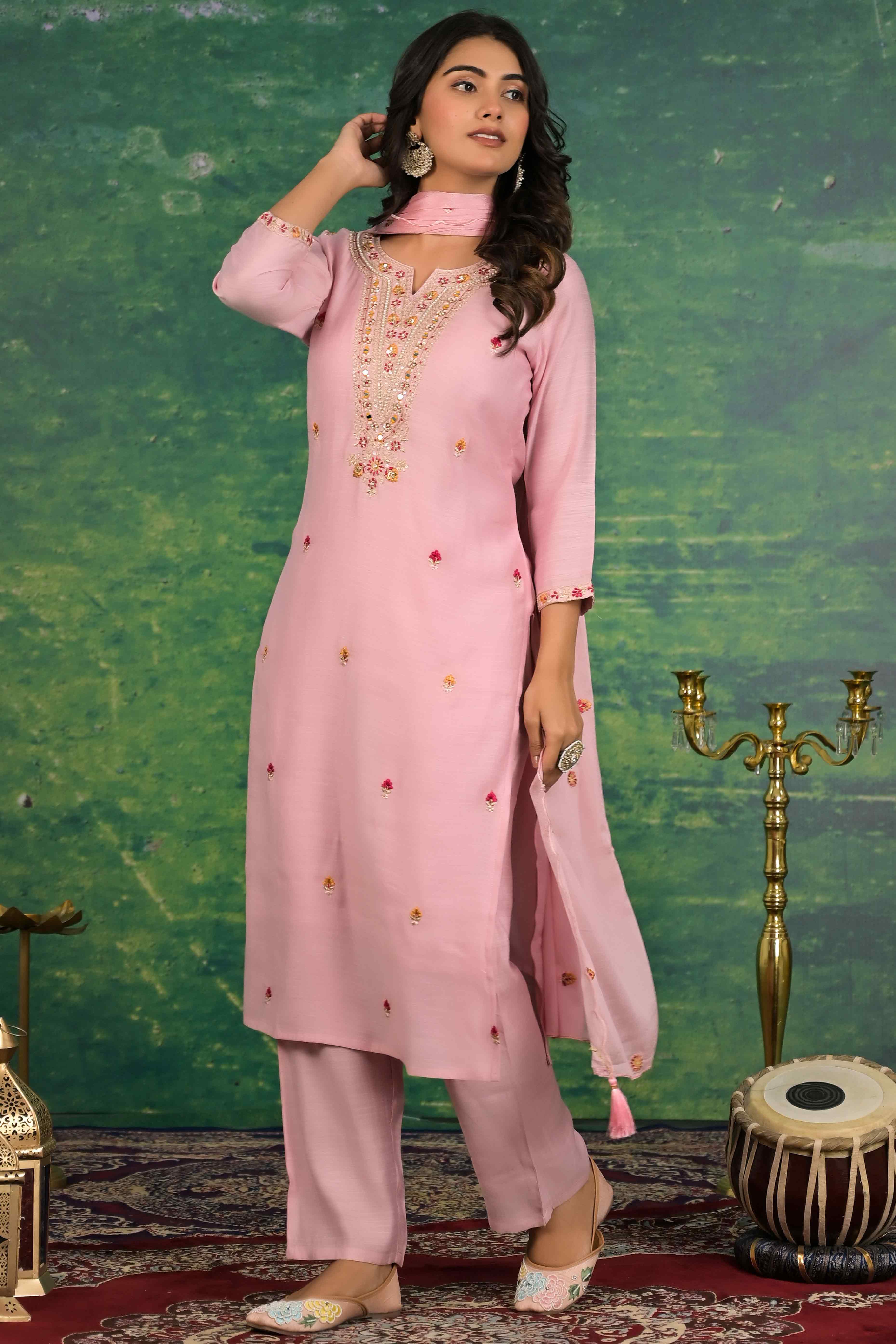 Peach Floral Embroidered Pure Cotton Salwar Suit