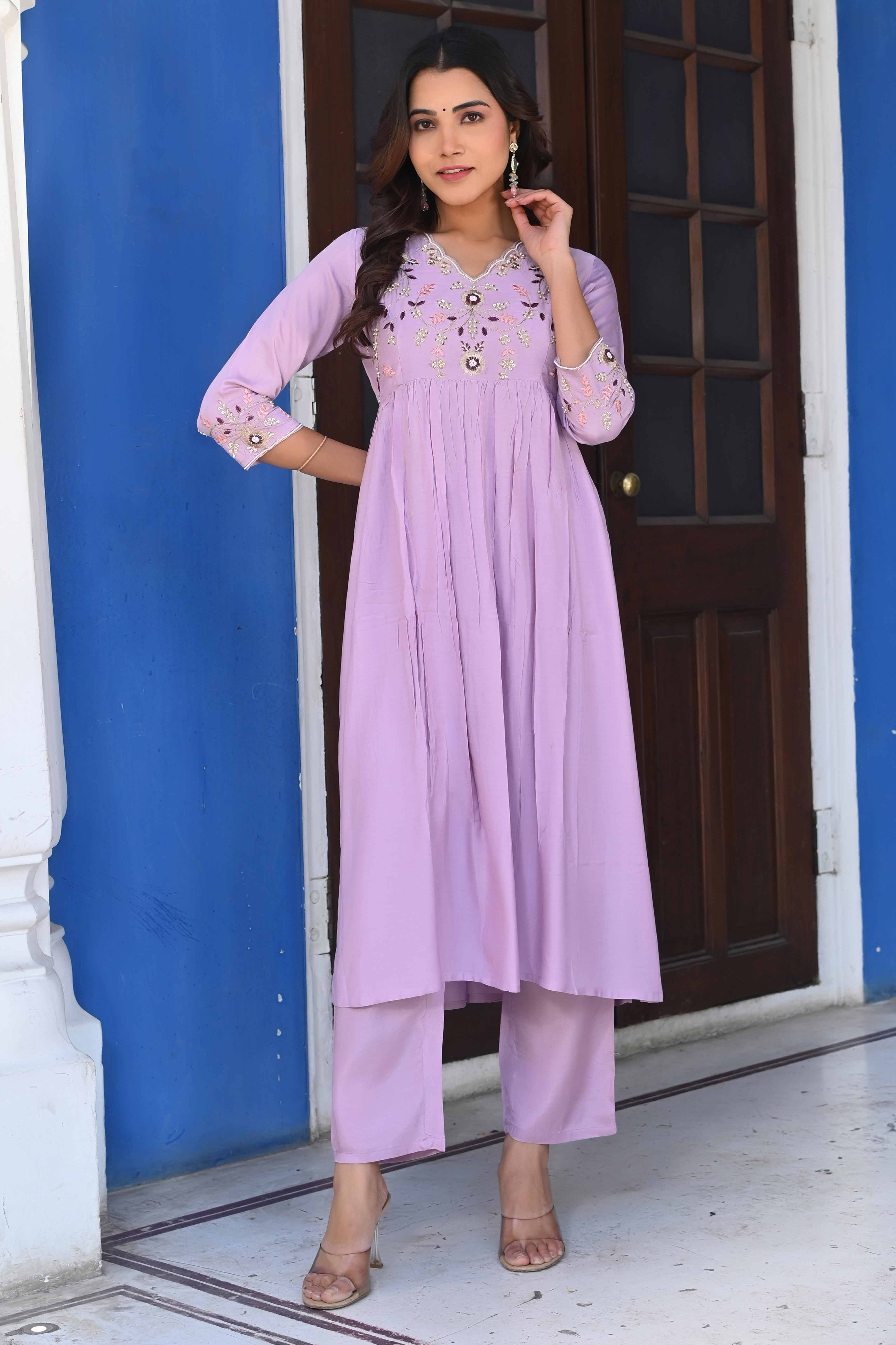 Lavender Floral Embroidered Muslin Anarkali Salwar Suit