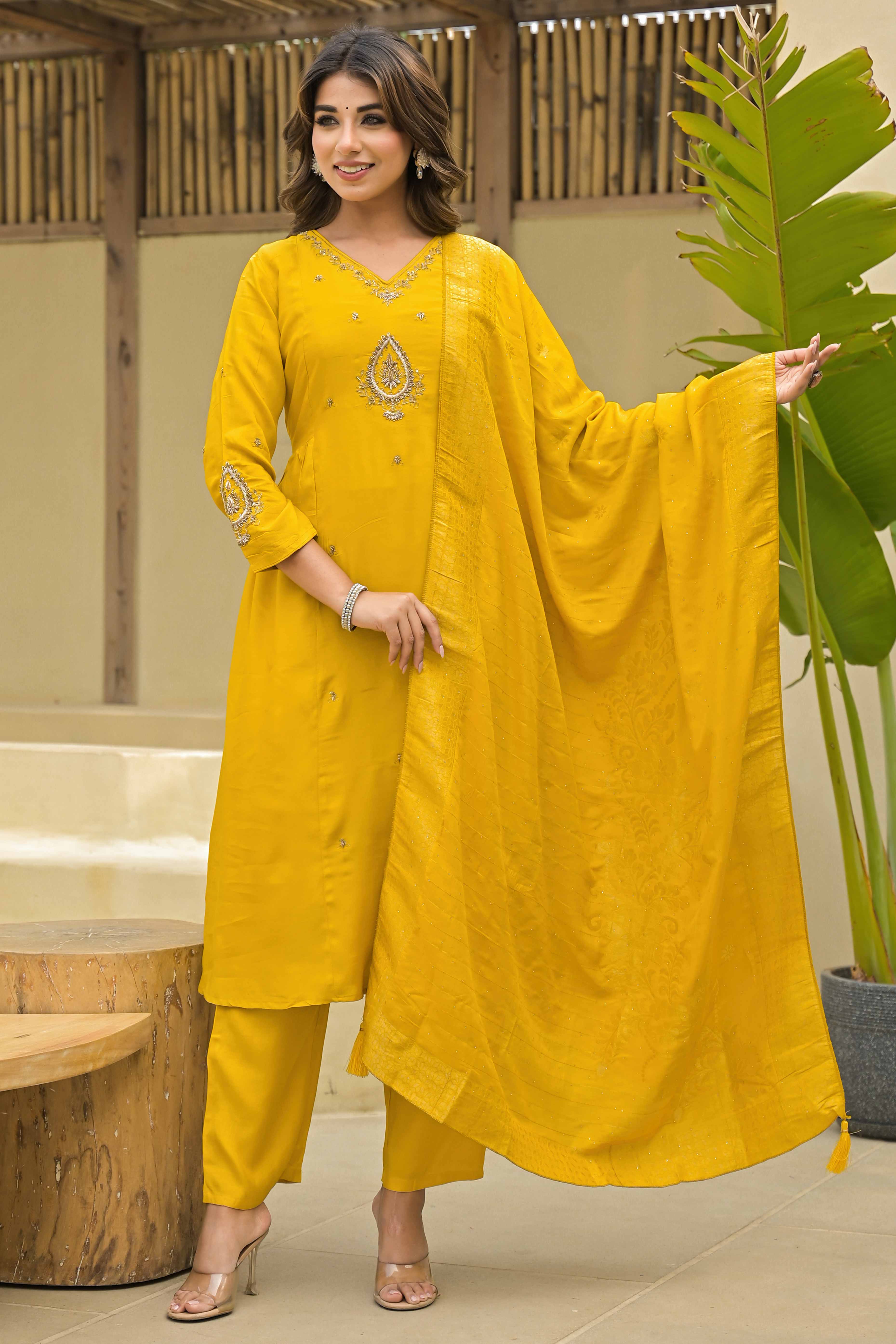 Mustard Hand Ari Work Muslin Anarkali Style Salwar Suit