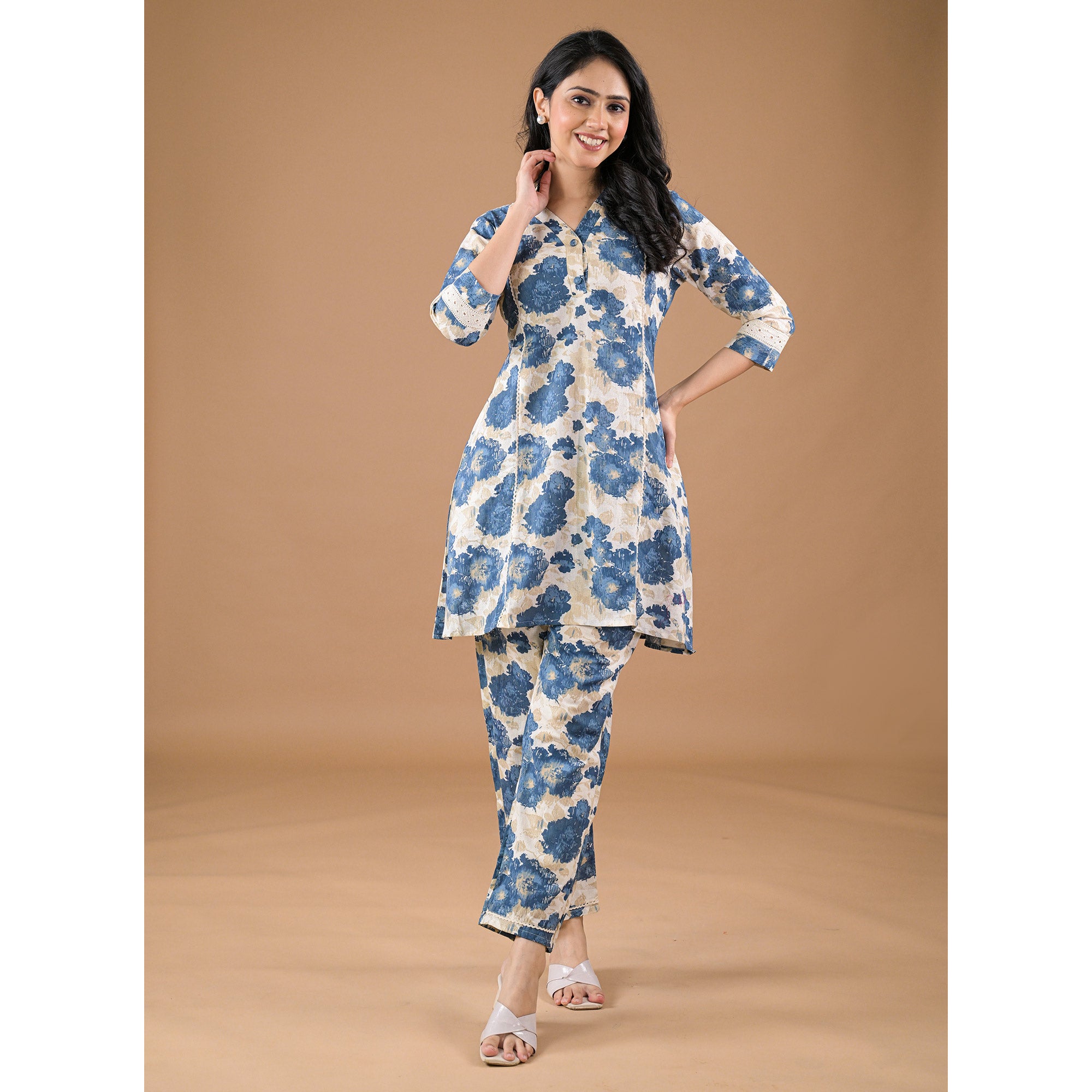 Blue Floral Printed Pure Cotton Co-Ord Set