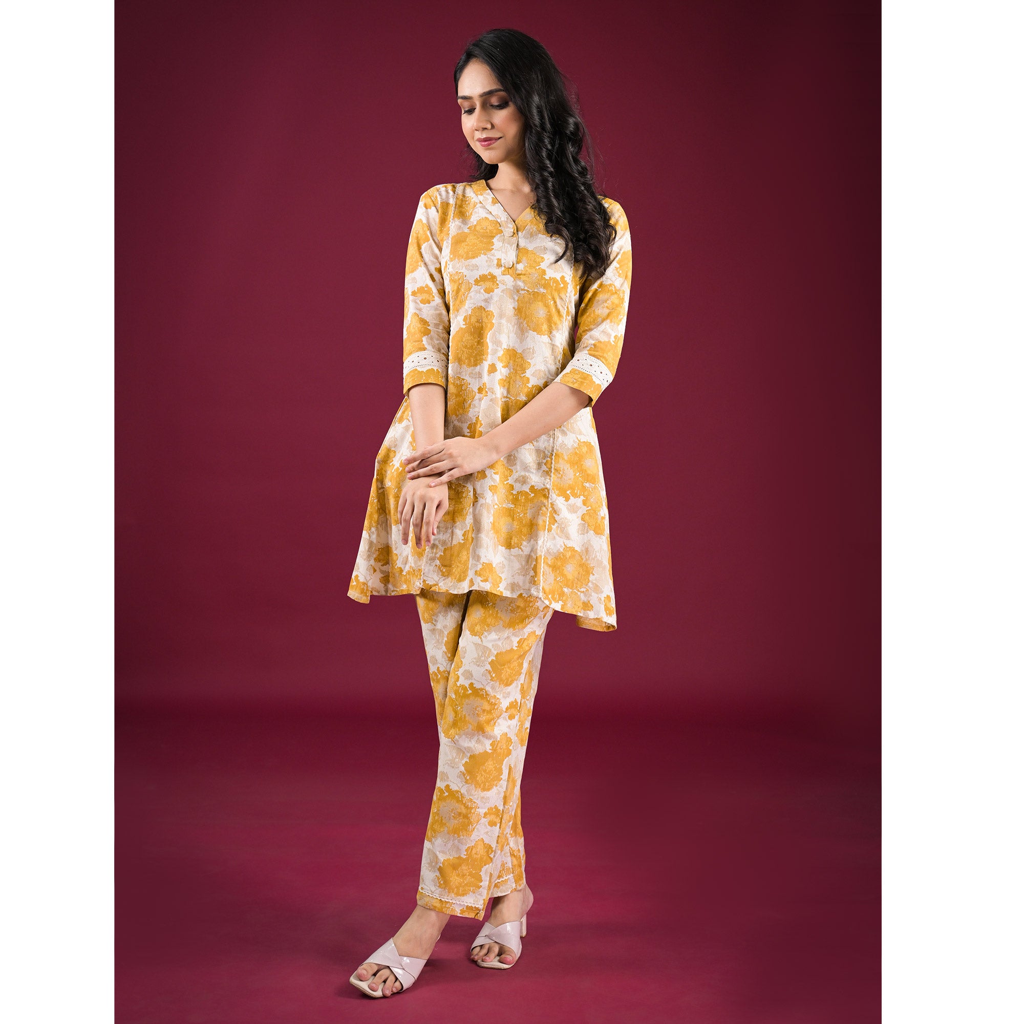 Mustard Floral Printed Pure Cotton Co-Ord Set