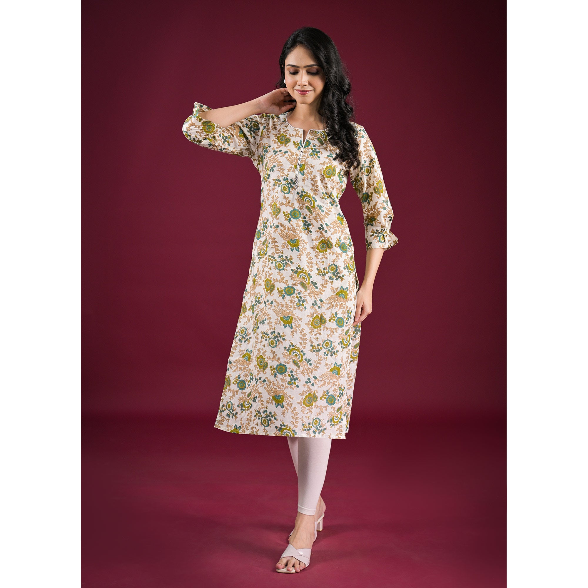 Off White Floral Printed Pure Cotton Straight Kurti