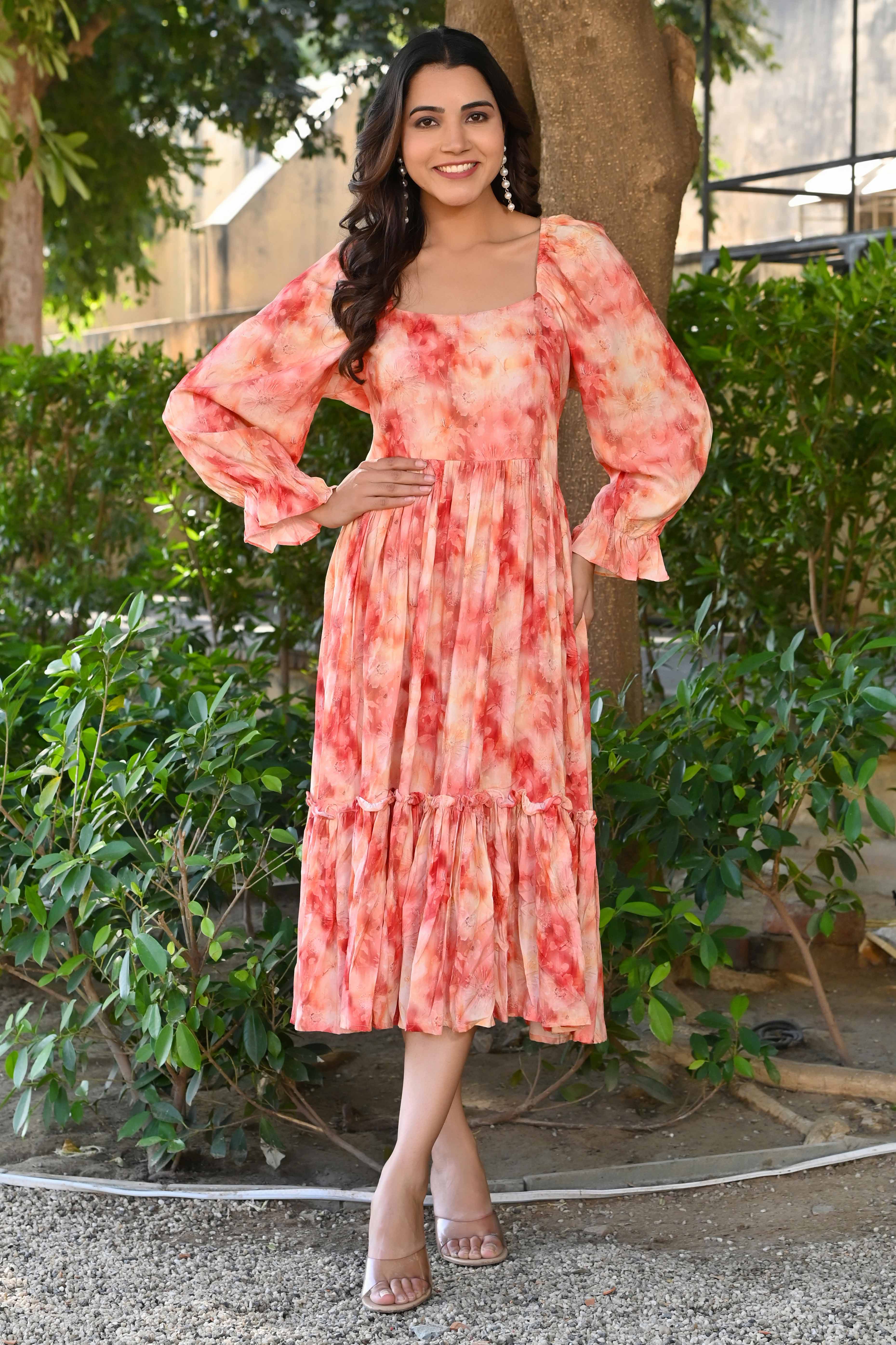 Peach Floral Printed Rayon Maxi Dress