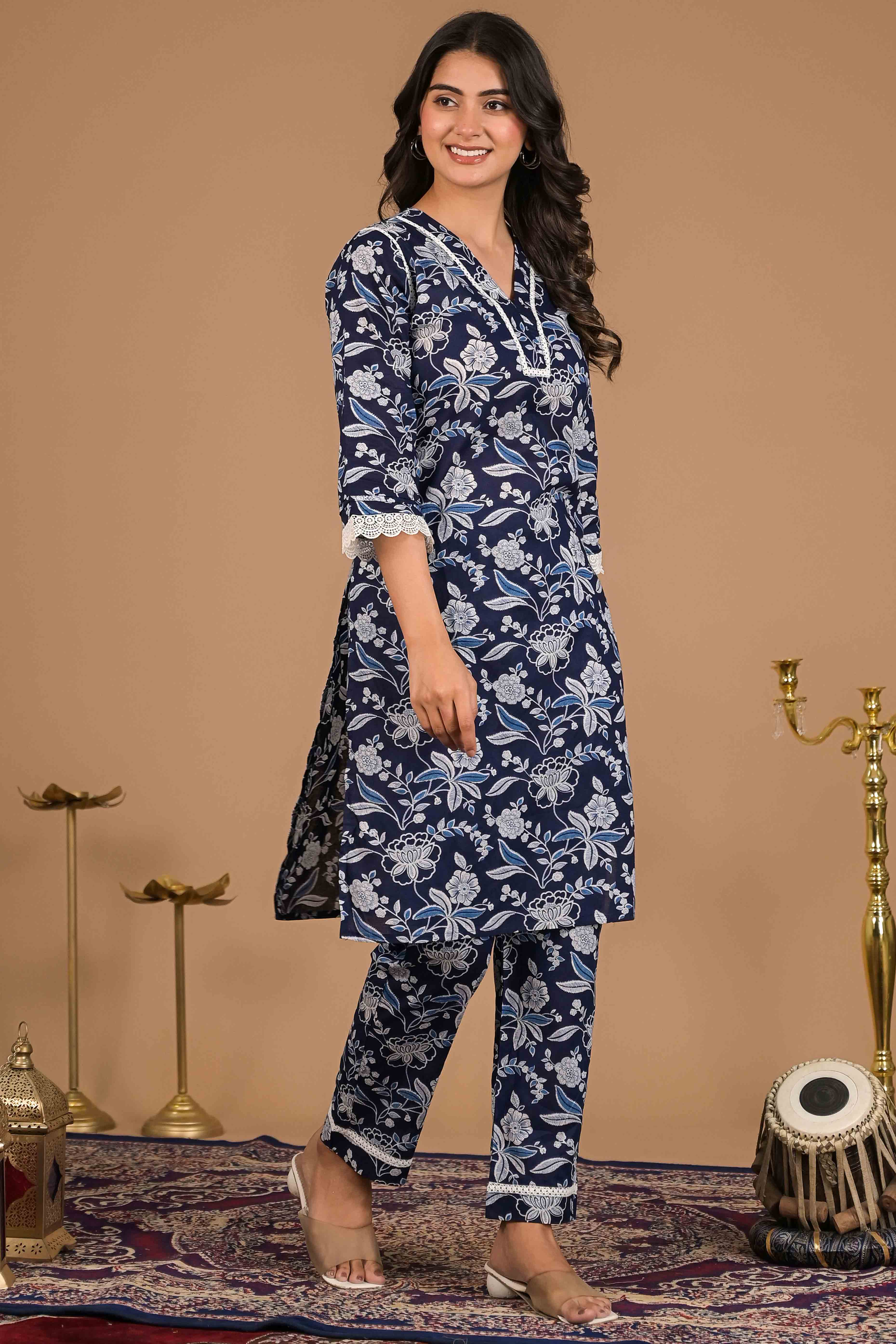 Navy Blue Floral Printed Pure Cotton Top Bottom Set
