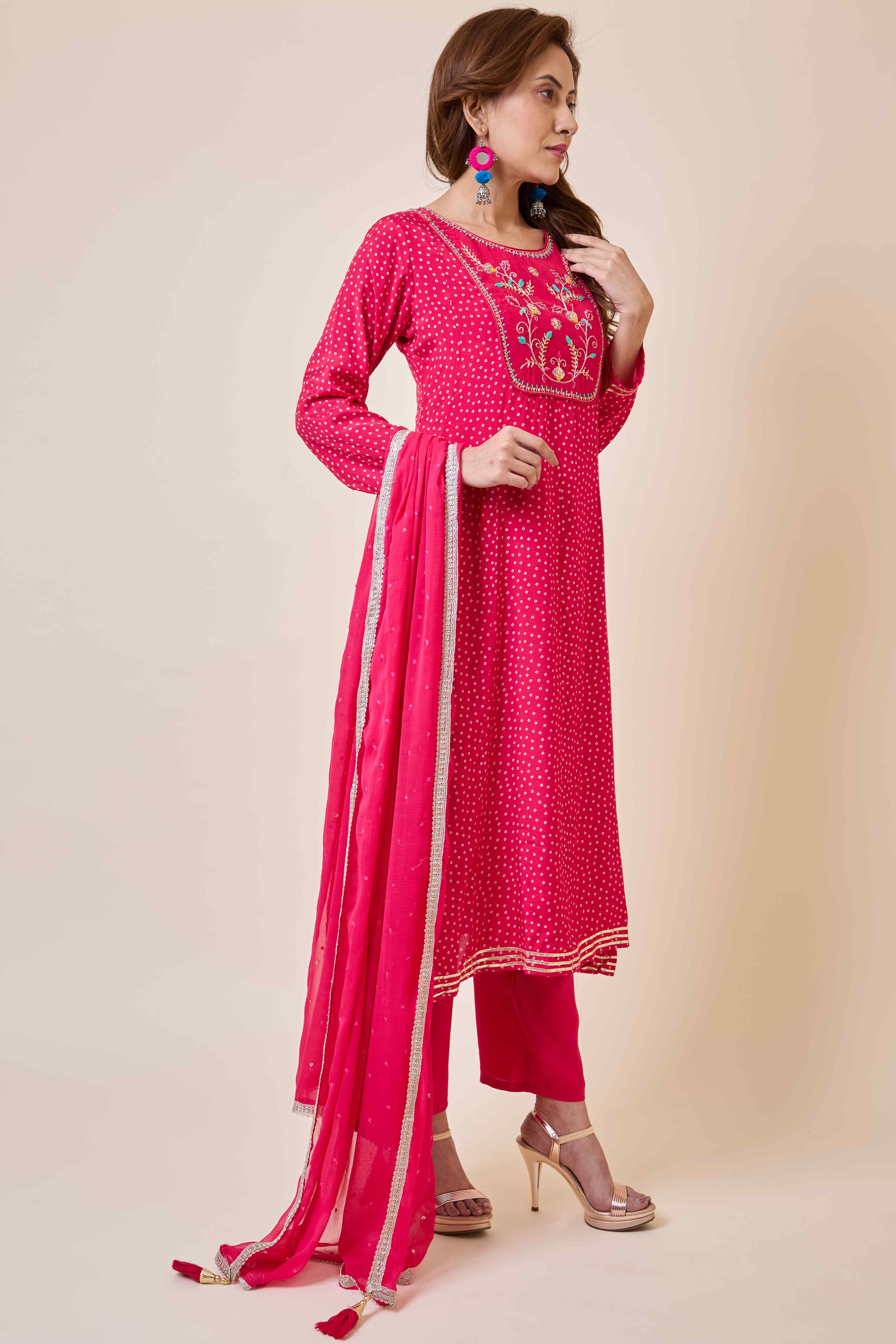 Rani Pink Embroidered Anarkali Style Muslin Salwar Suit