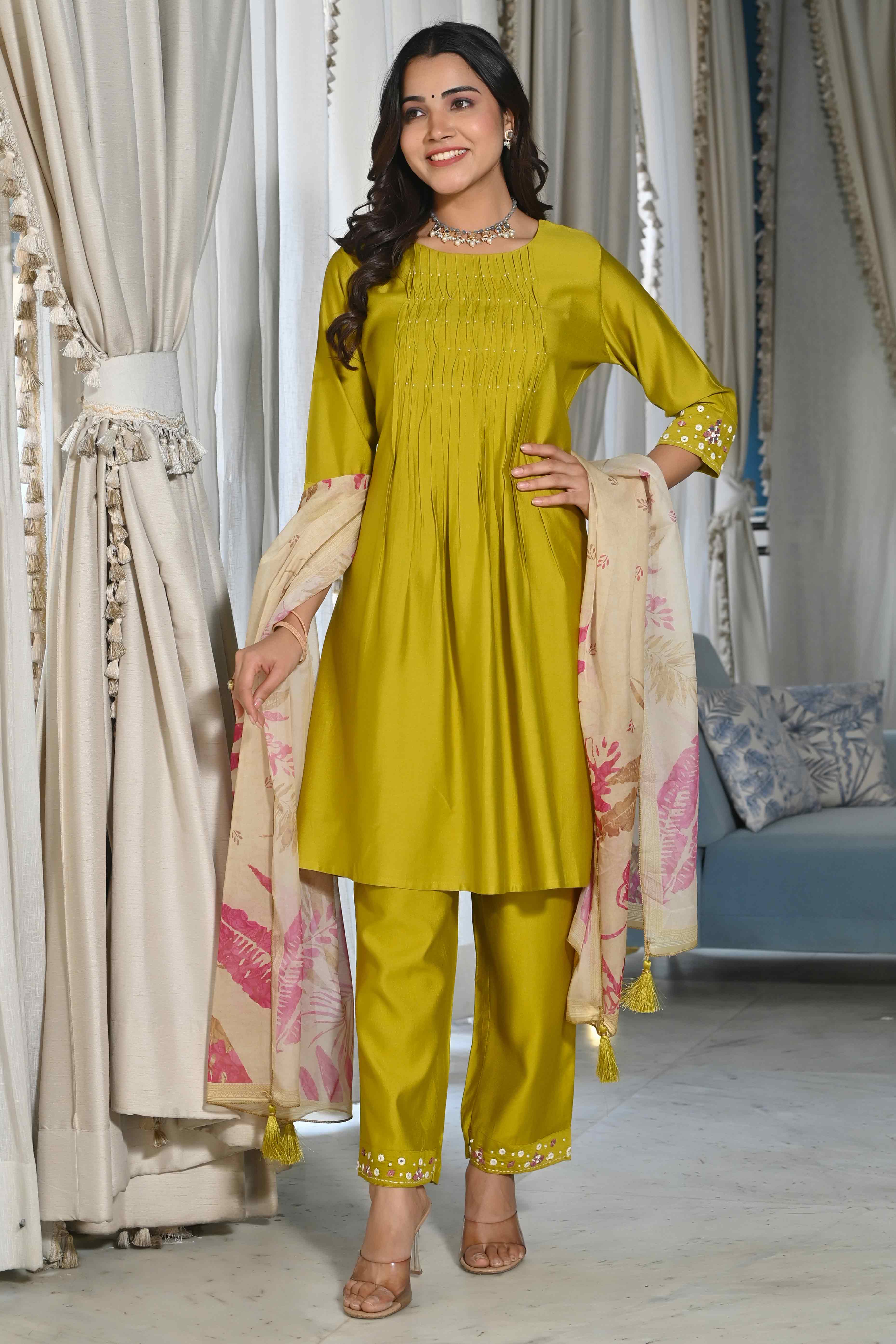 Olive Embroidered Viscose Salwar Suit
