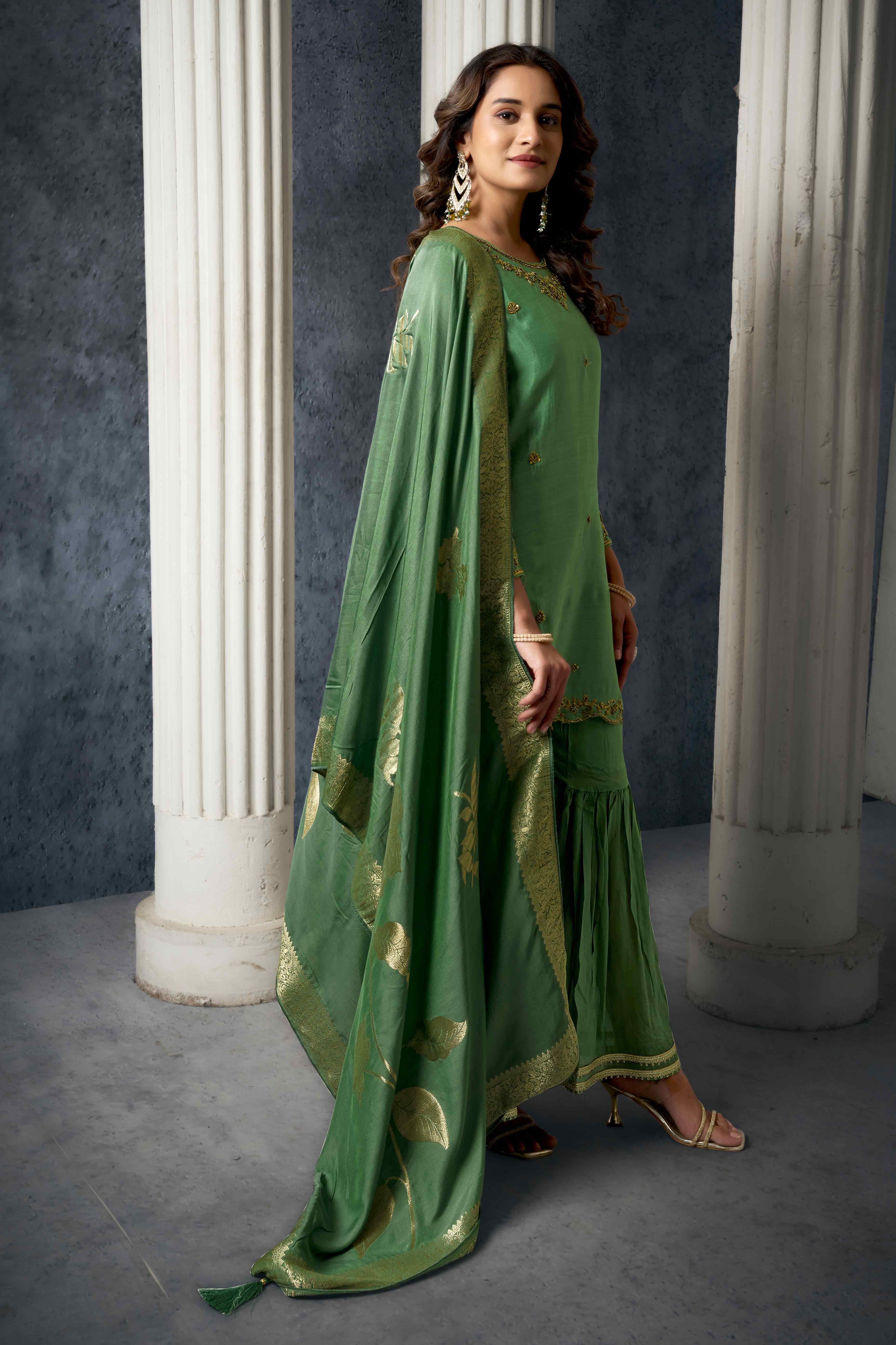 Olive Zardosi Work Embroidered Pure Chinon Sharara Suit