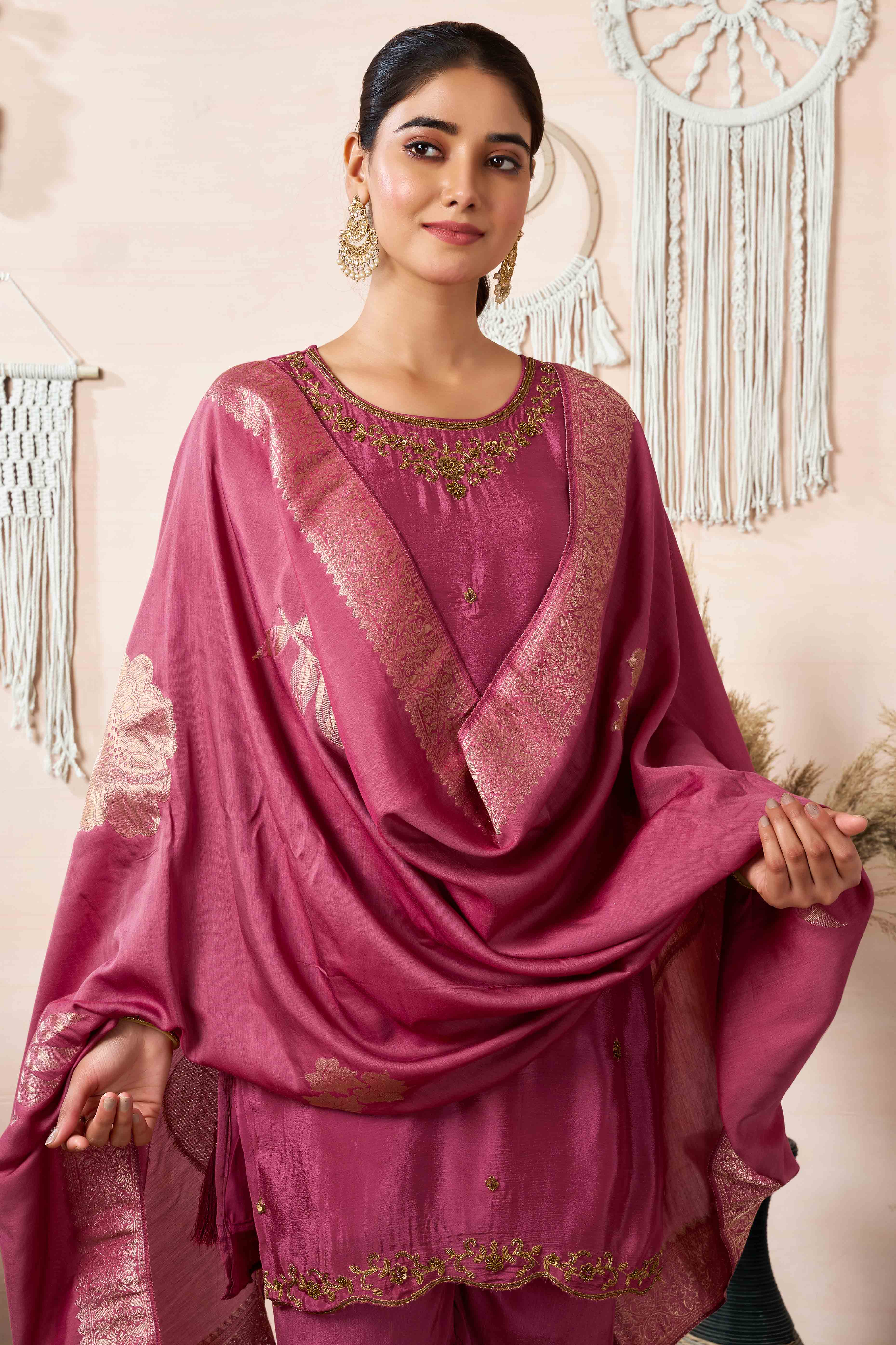 Rust Zardosi Work Embroidered Pure Chinon Sharara Suit