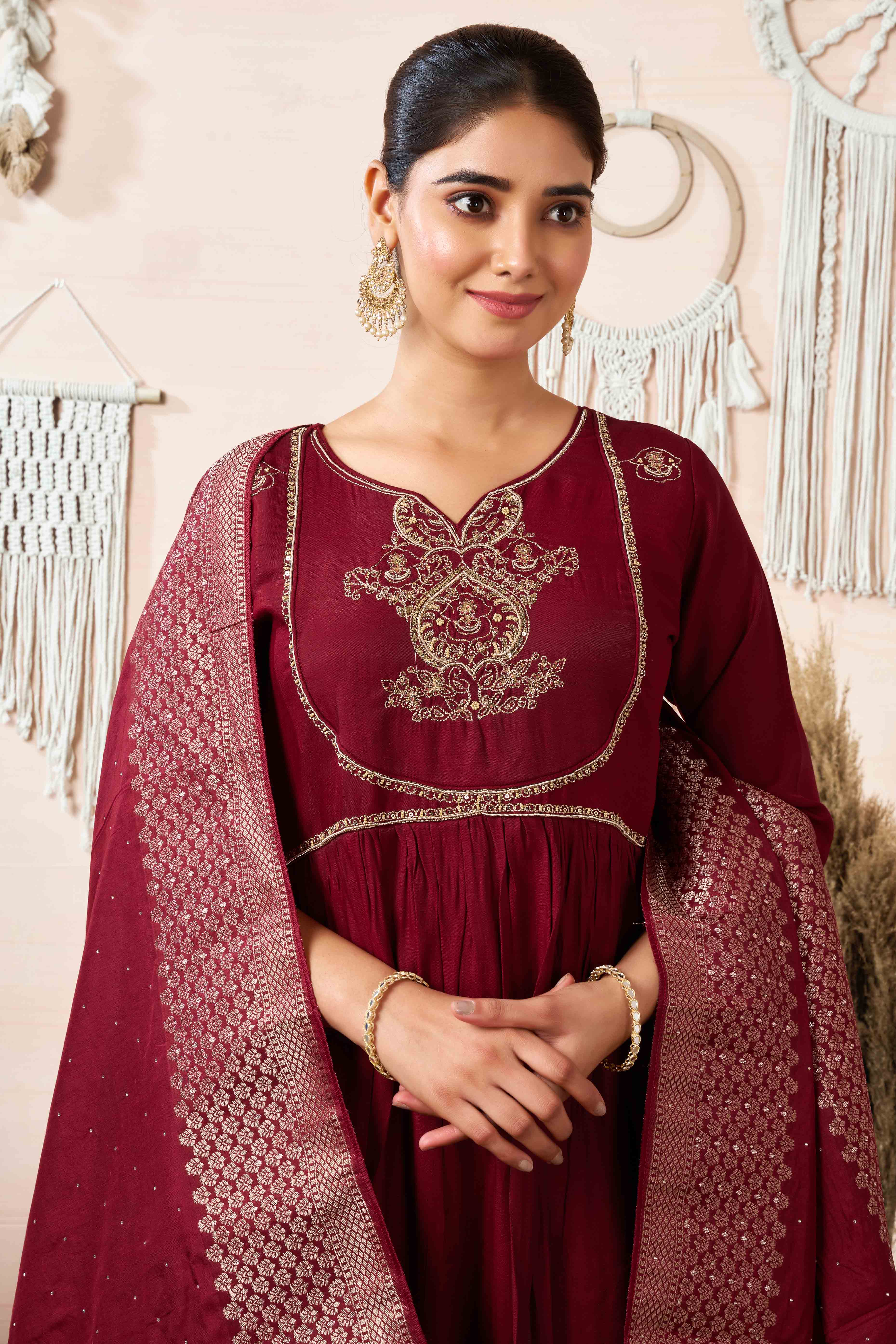 Maroon Sequins Embroidered Cotton Silk Anarkali Salwar Suit