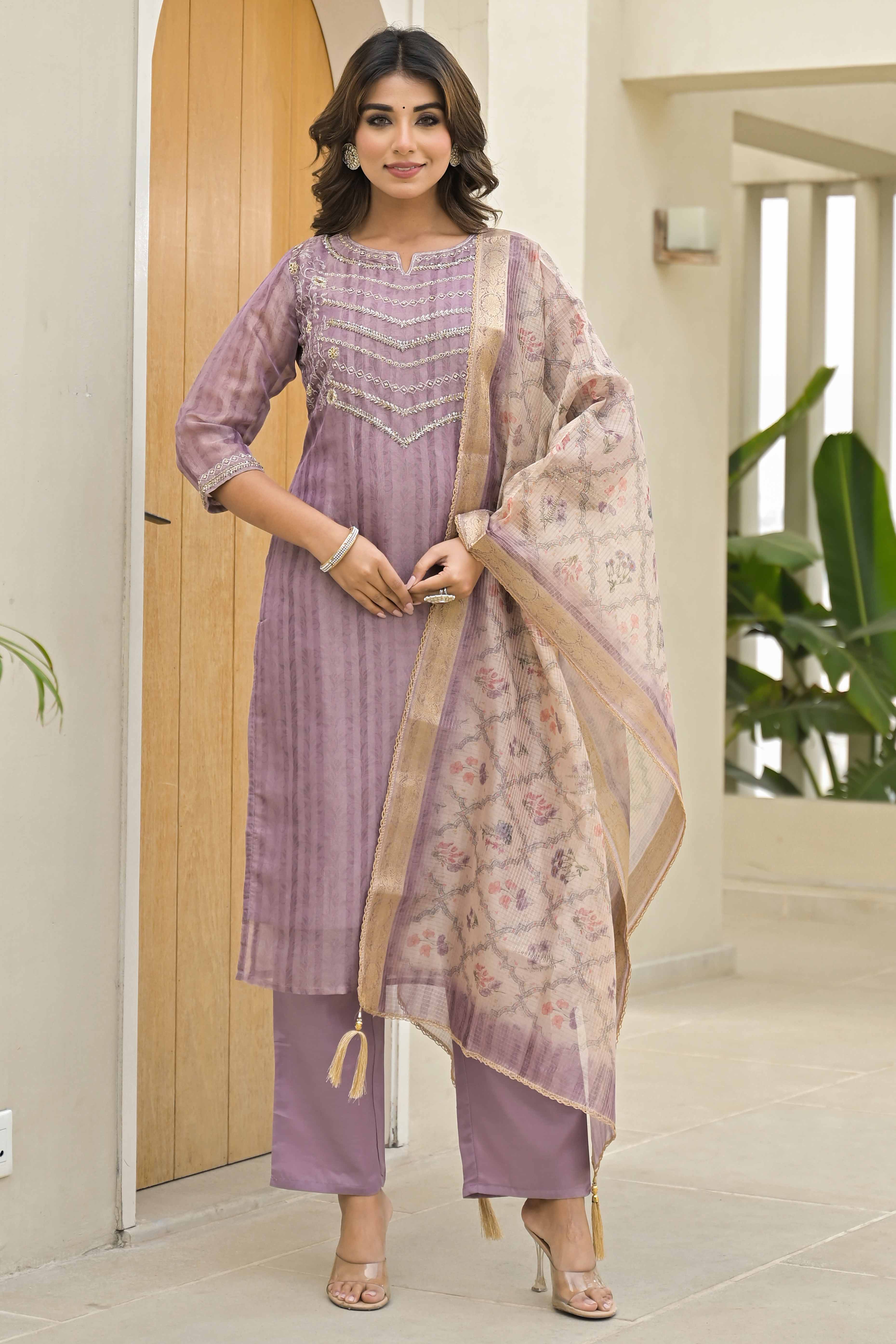 Lavender Embroidered Handwork Crush Chanderi Salwar Suit