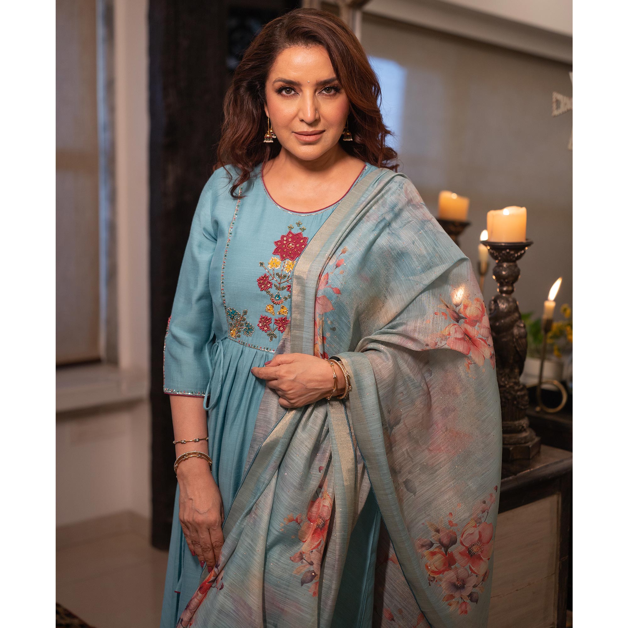 Sky Blue Neck Embroidered Viscose A-Line Salwar Suit