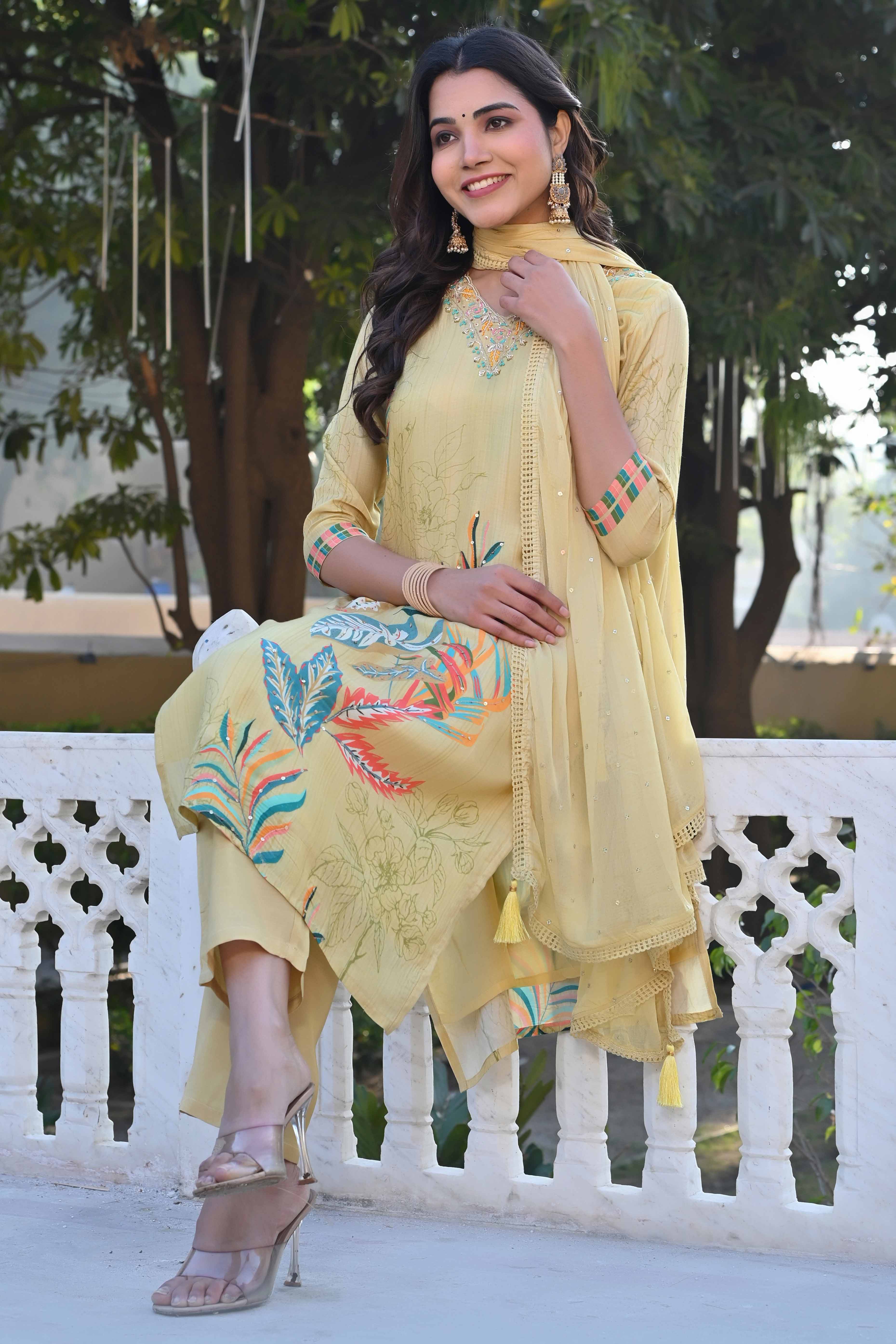 Lime Yellow Sequins Work With Printed Muslin Salwar Suit