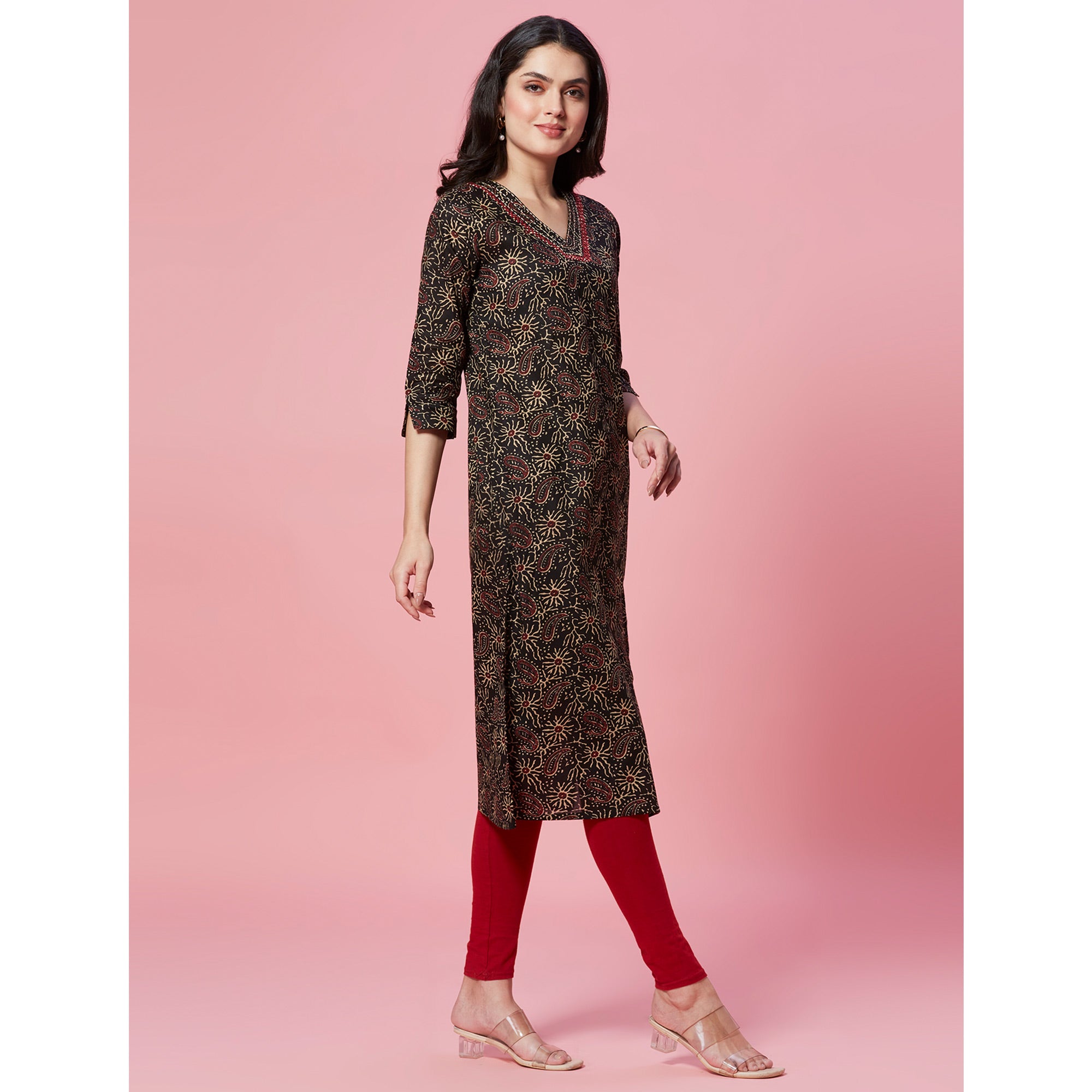 Black Floral Printed Pure Cotton Straight Kurti