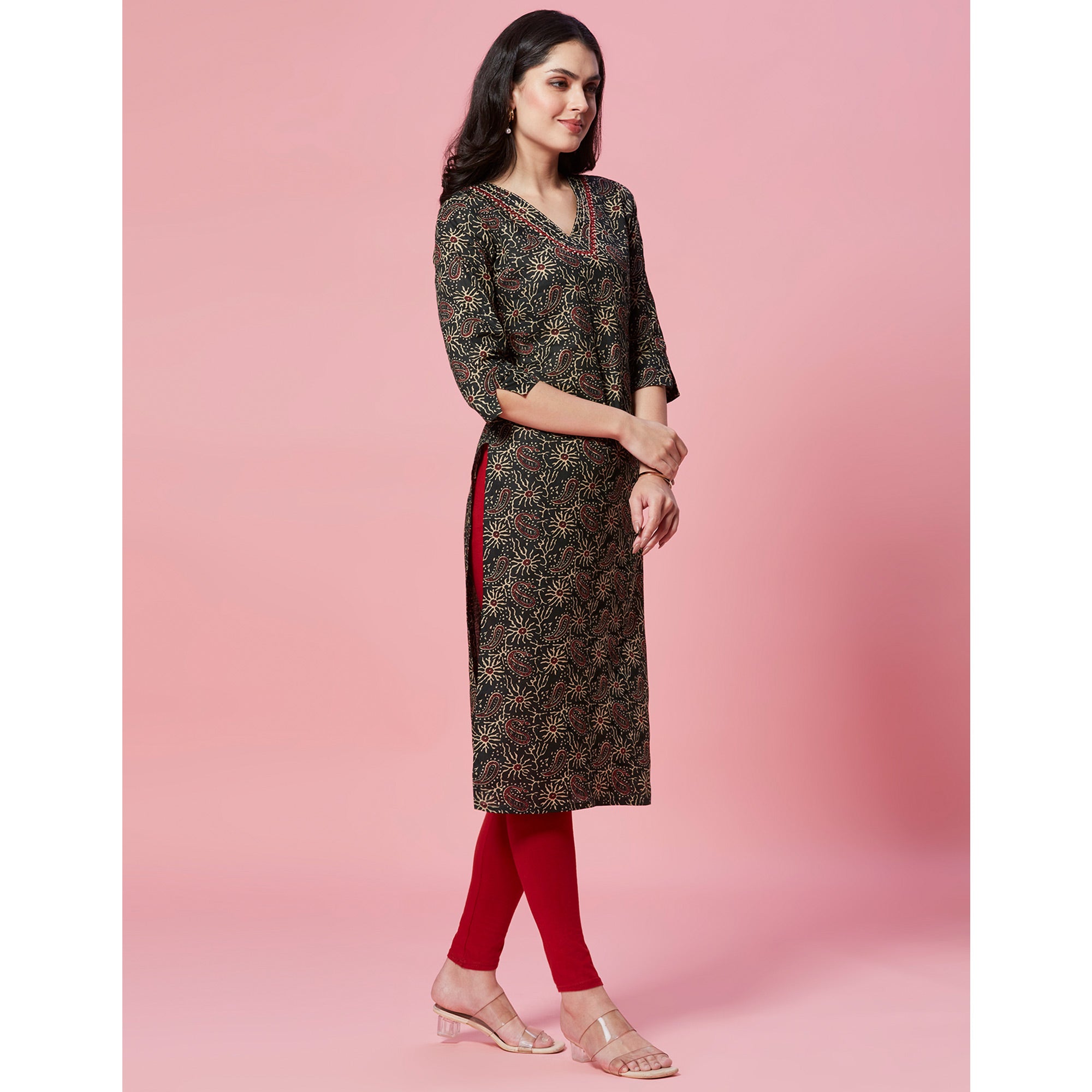 Green Floral Printed Pure Cotton Straight Kurti