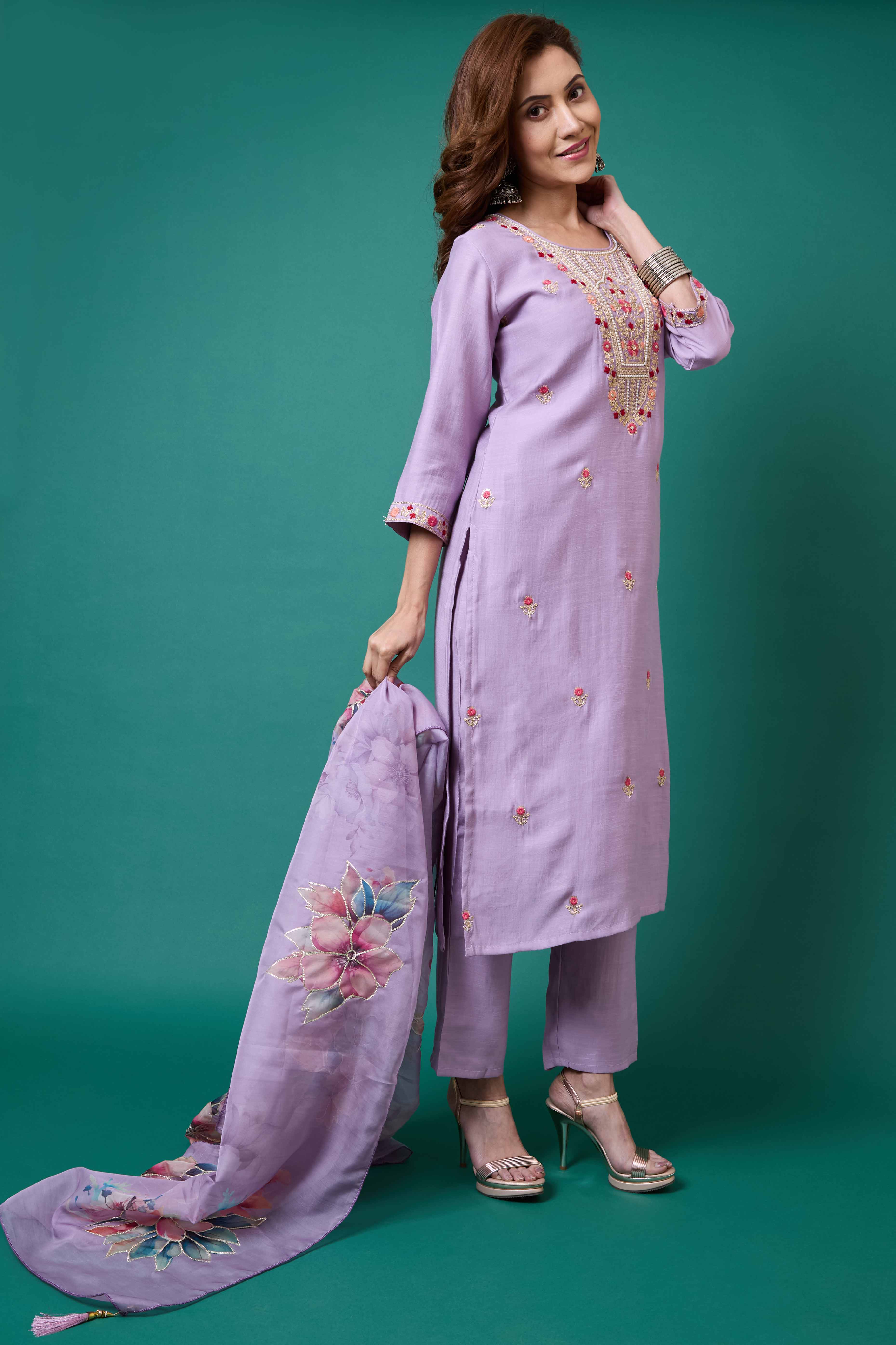 Lavender Handwork Embroidered Viscose Straight Salwar Suit