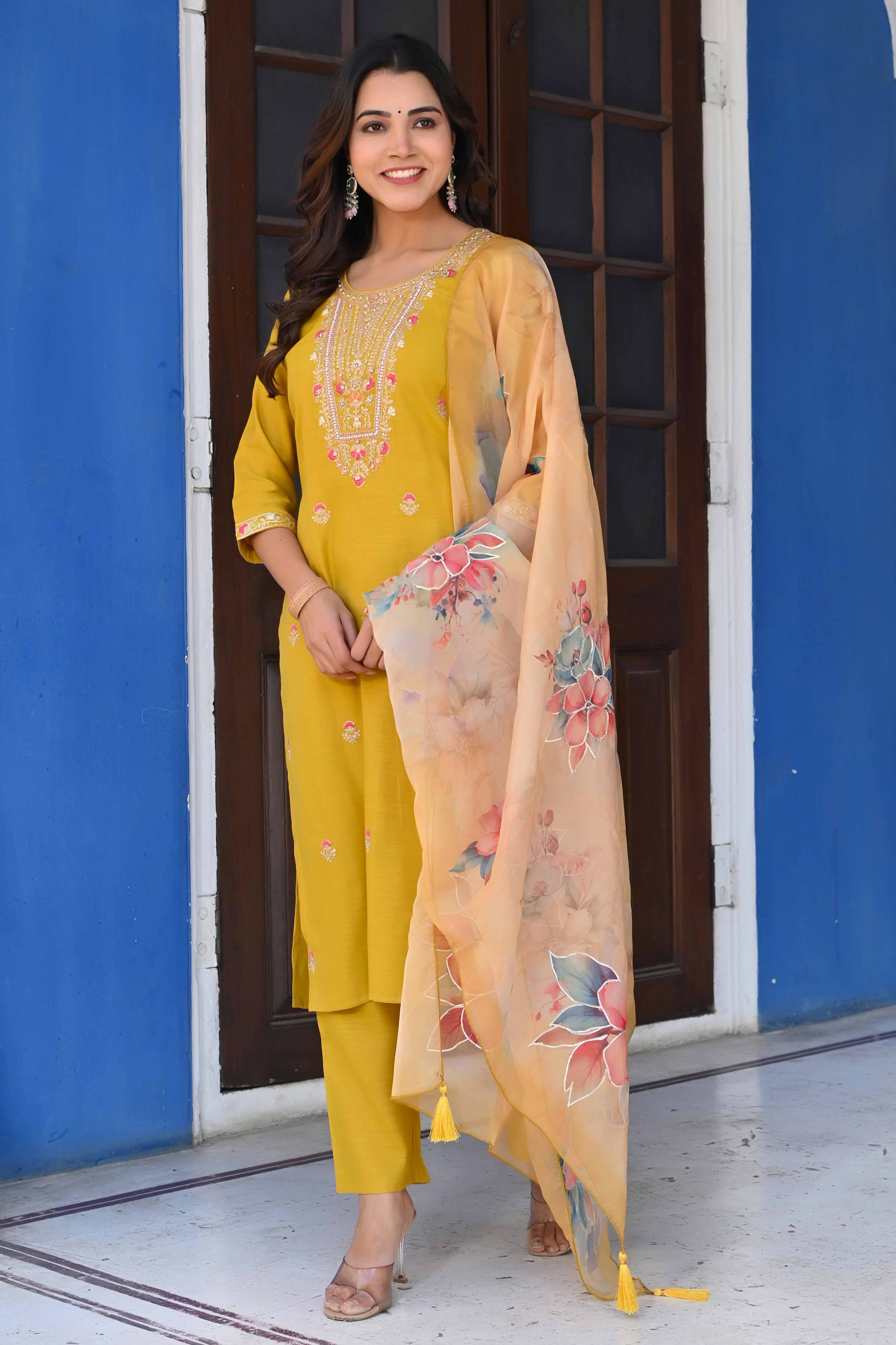 Mustard Handwork Embroidered Viscose Straight Salwar Suit