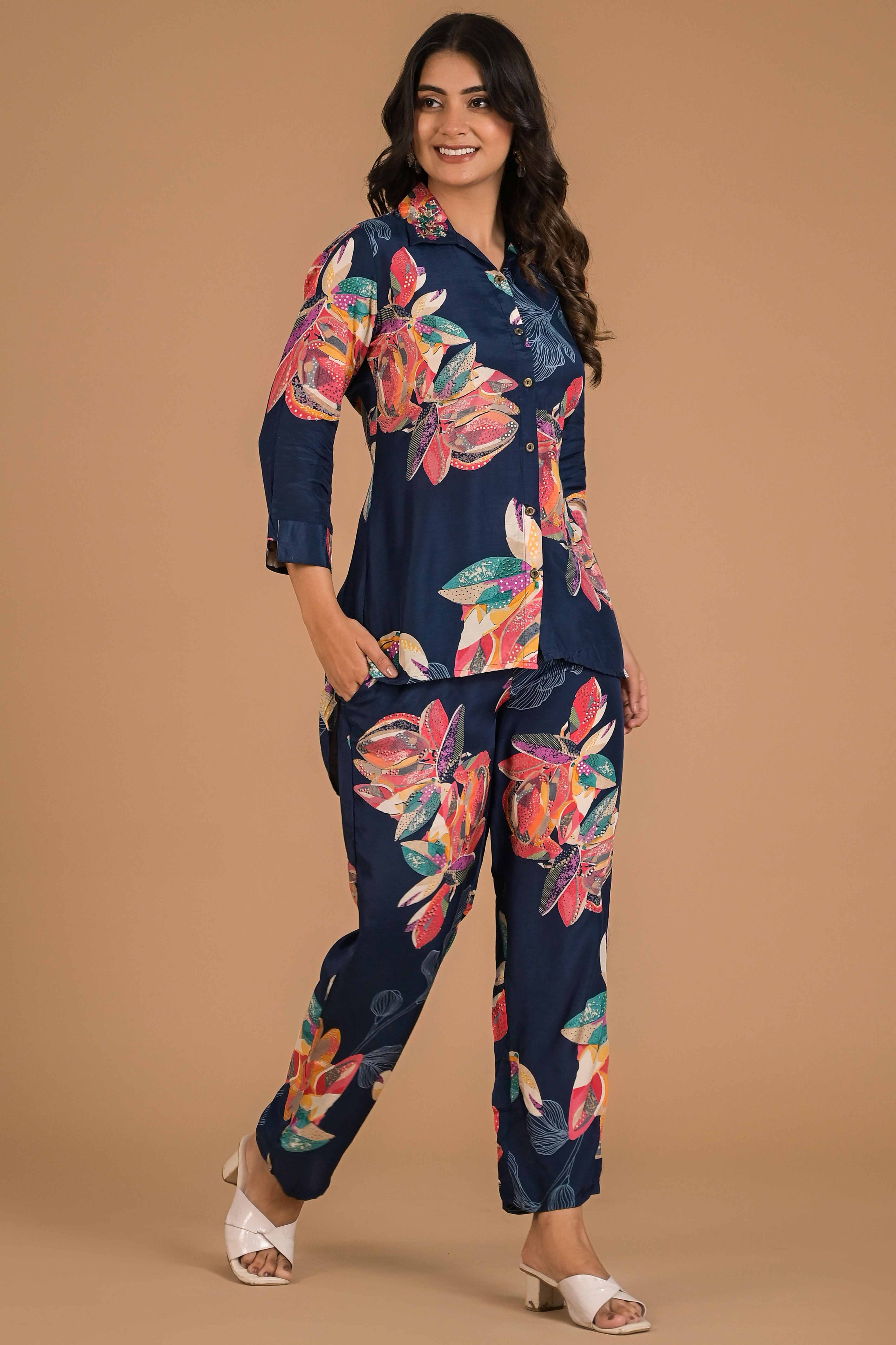 Blue Floral Printed Muslin Co-Ord Set