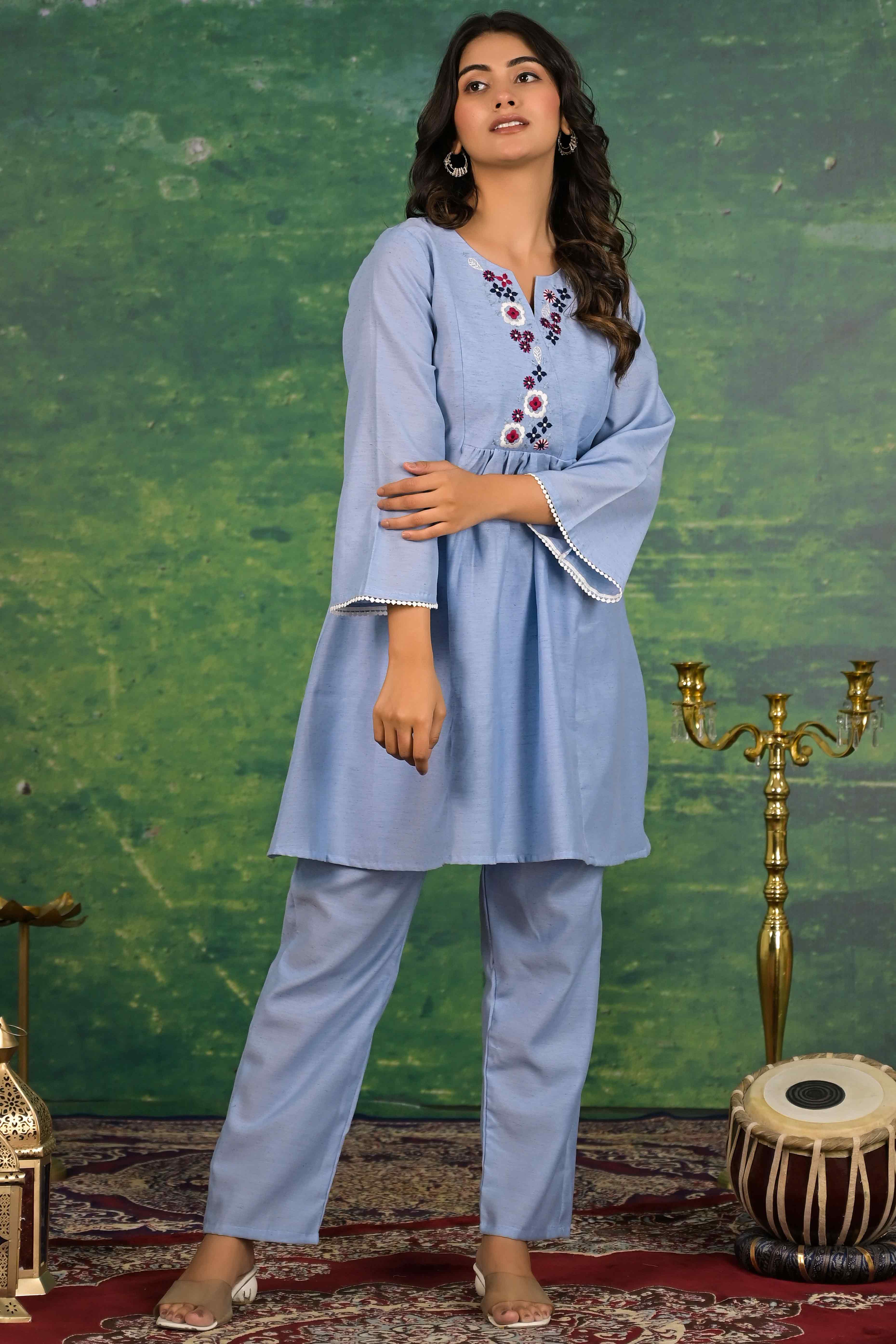 Blue Floral Embroidered Pure Cotton Top Bottom Set