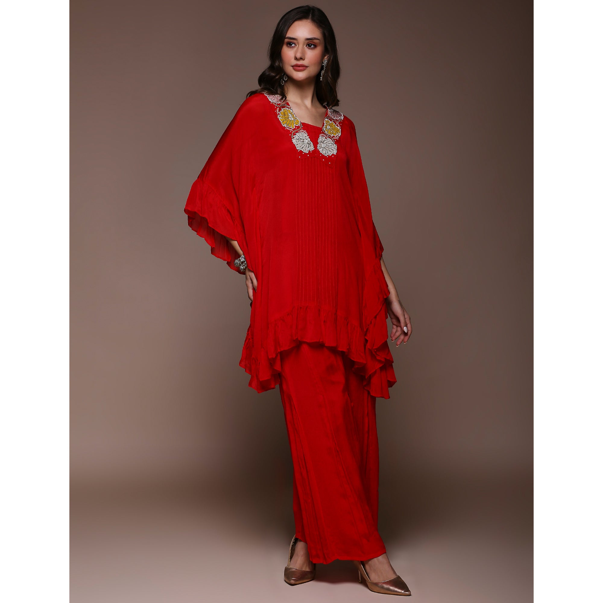 Crimson Red Embroidered Kaftan Style Chinon Co-Ord Set