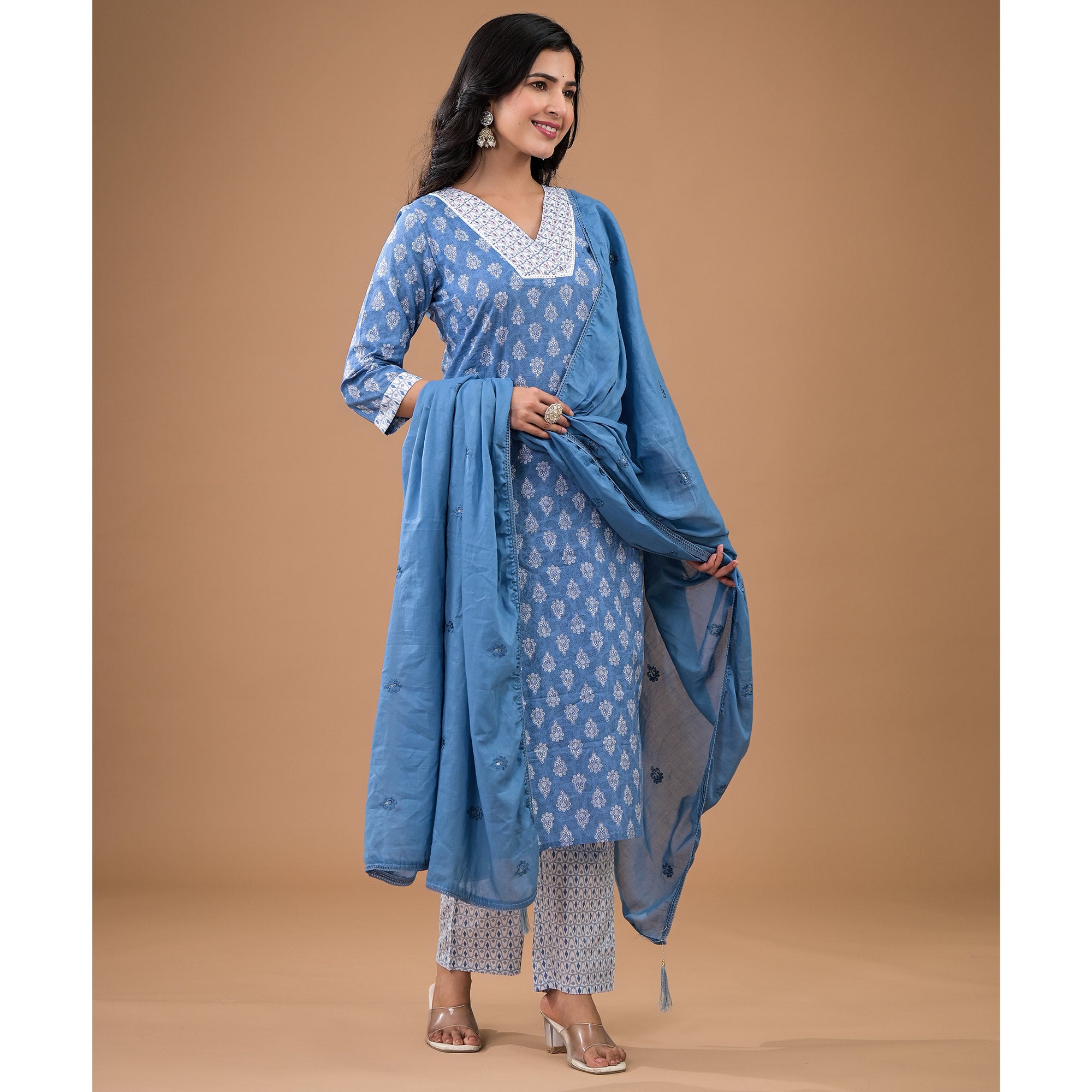 Blue Floral Printed Pure Cotton Salwar Suit