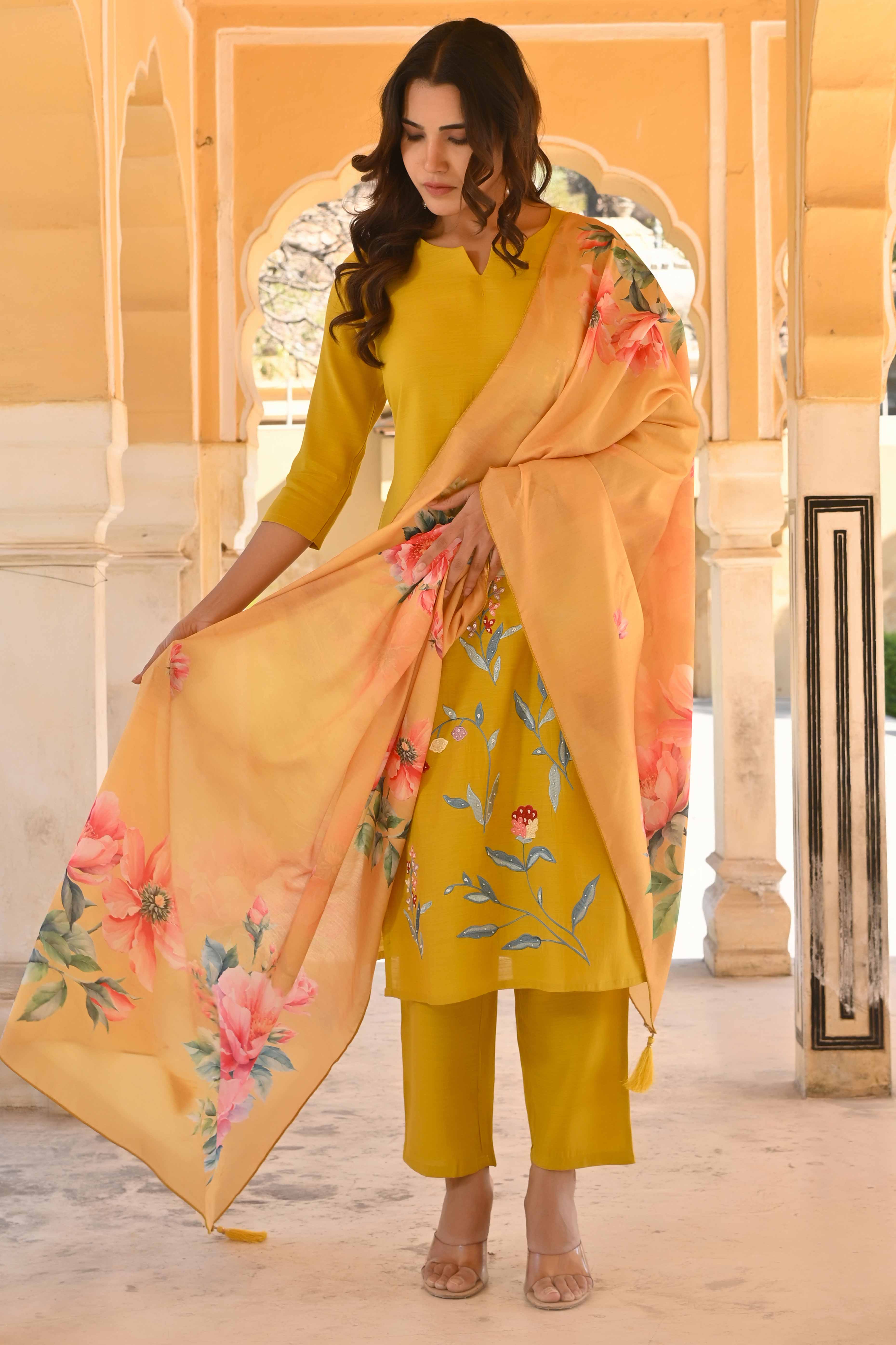 Mustard Floral Embroidered Viscose Straight Salwar Suit
