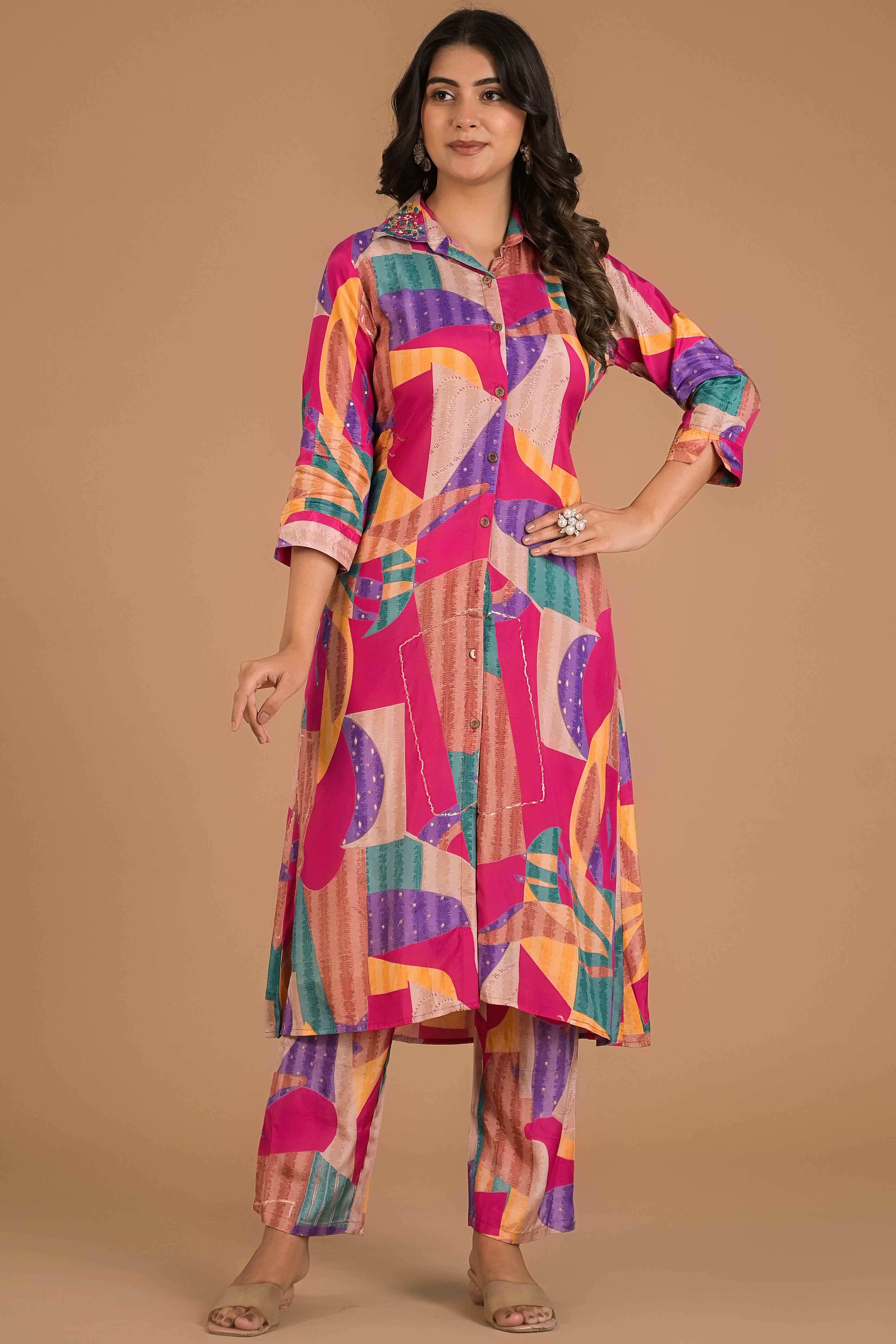 Multicolor Abstract Printed Muslin Co-Ord Set