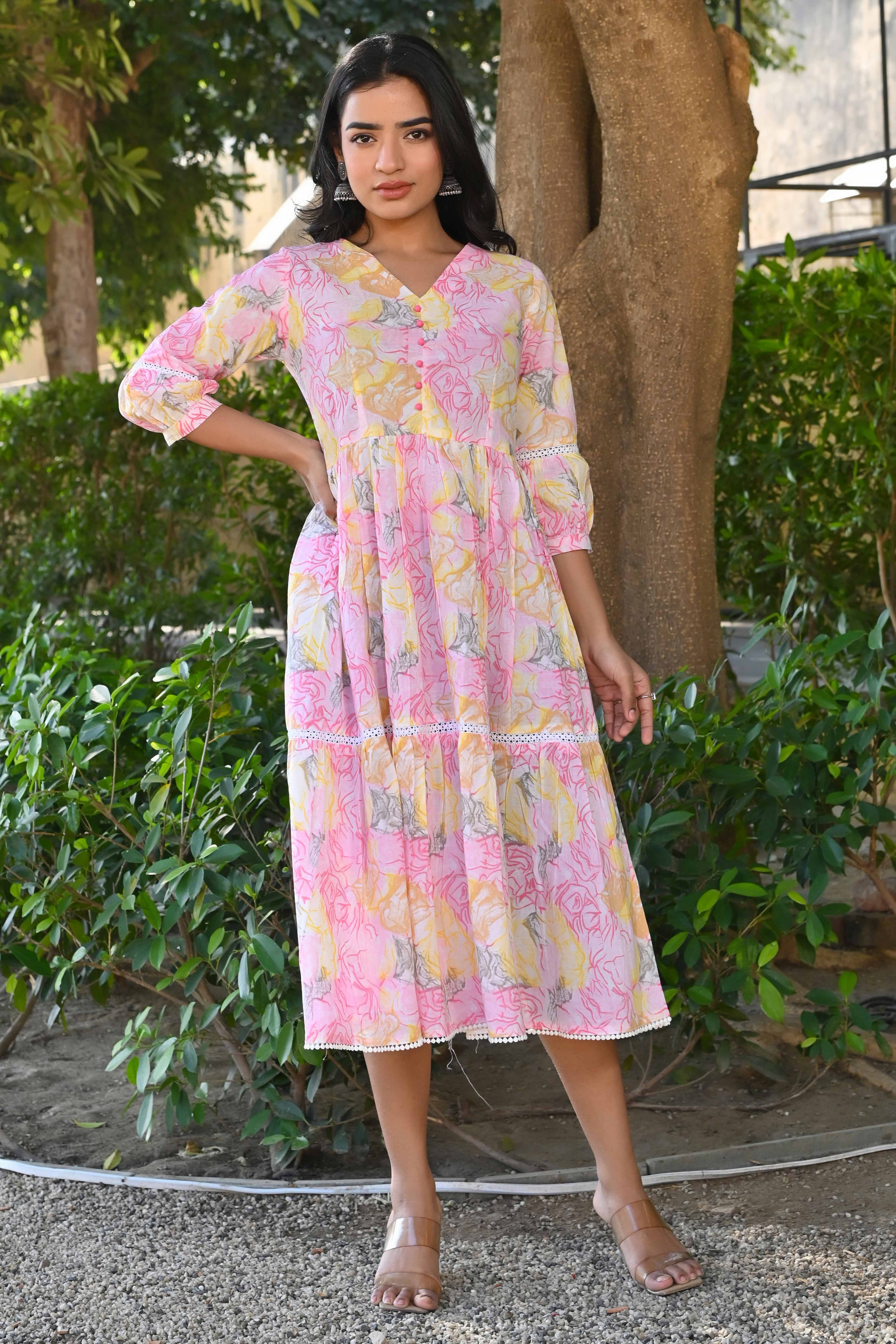 Yellow & Pink Floral Printed Pure Cotton Maxi Dress