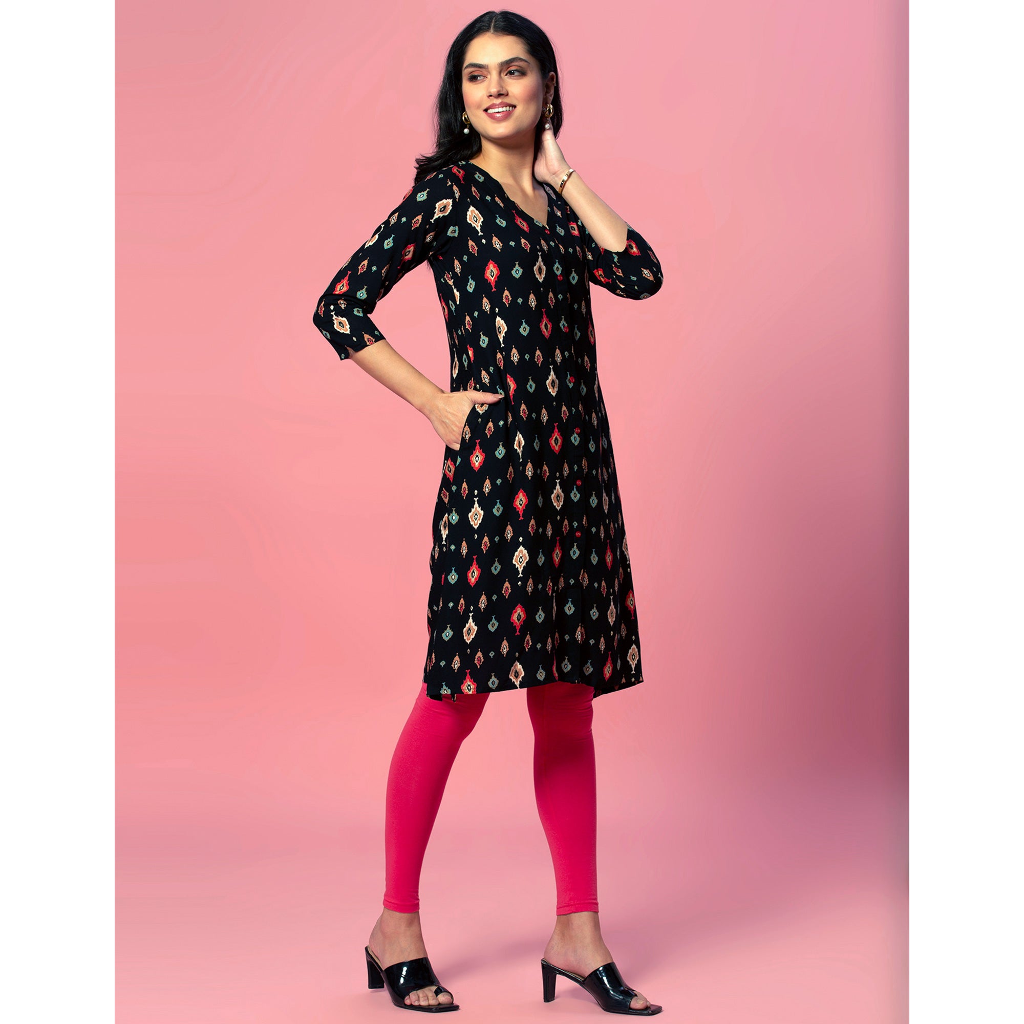 Black Ikkat Printed Rayon Straight Kurti