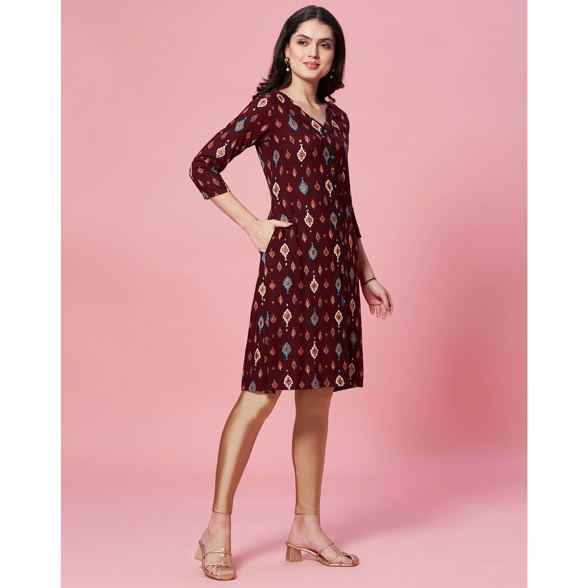 Maroon Ikkat Printed Rayon Straight Kurti