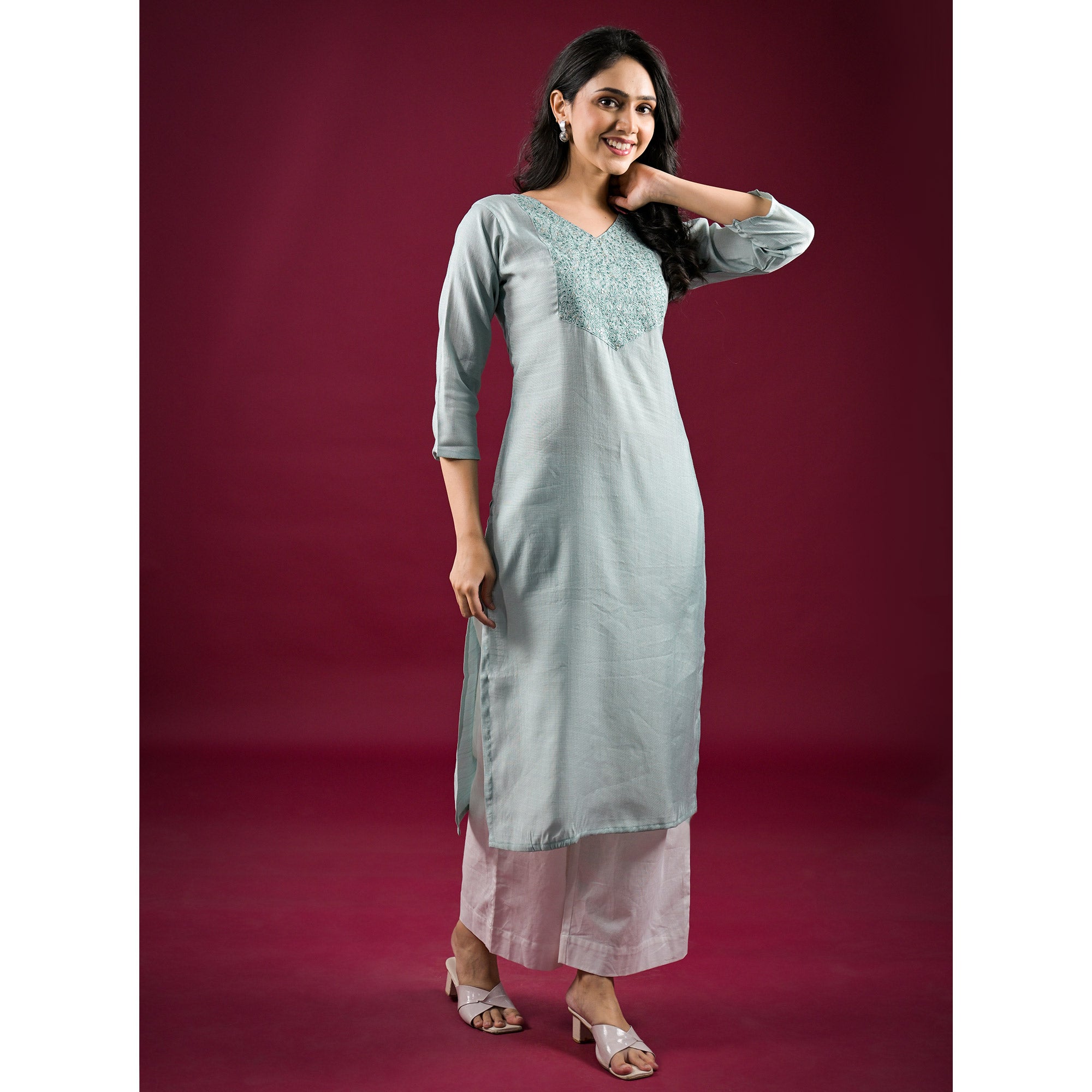 Mint Green Yoke Embroidered Viscose Straight Kurti