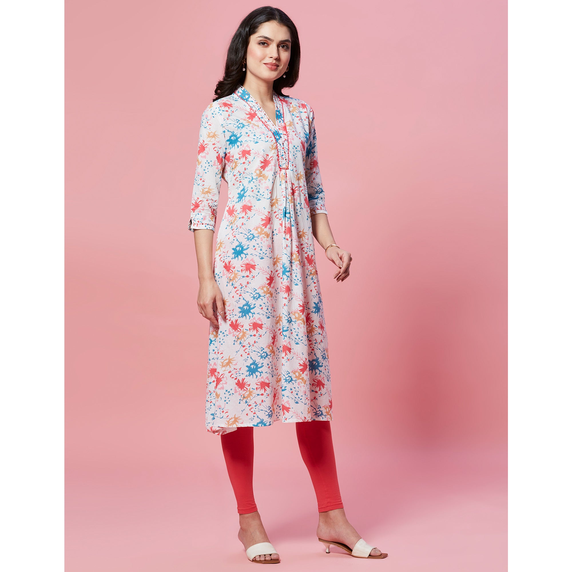 White Floral Printed Pure Cotton A-Line Kurti