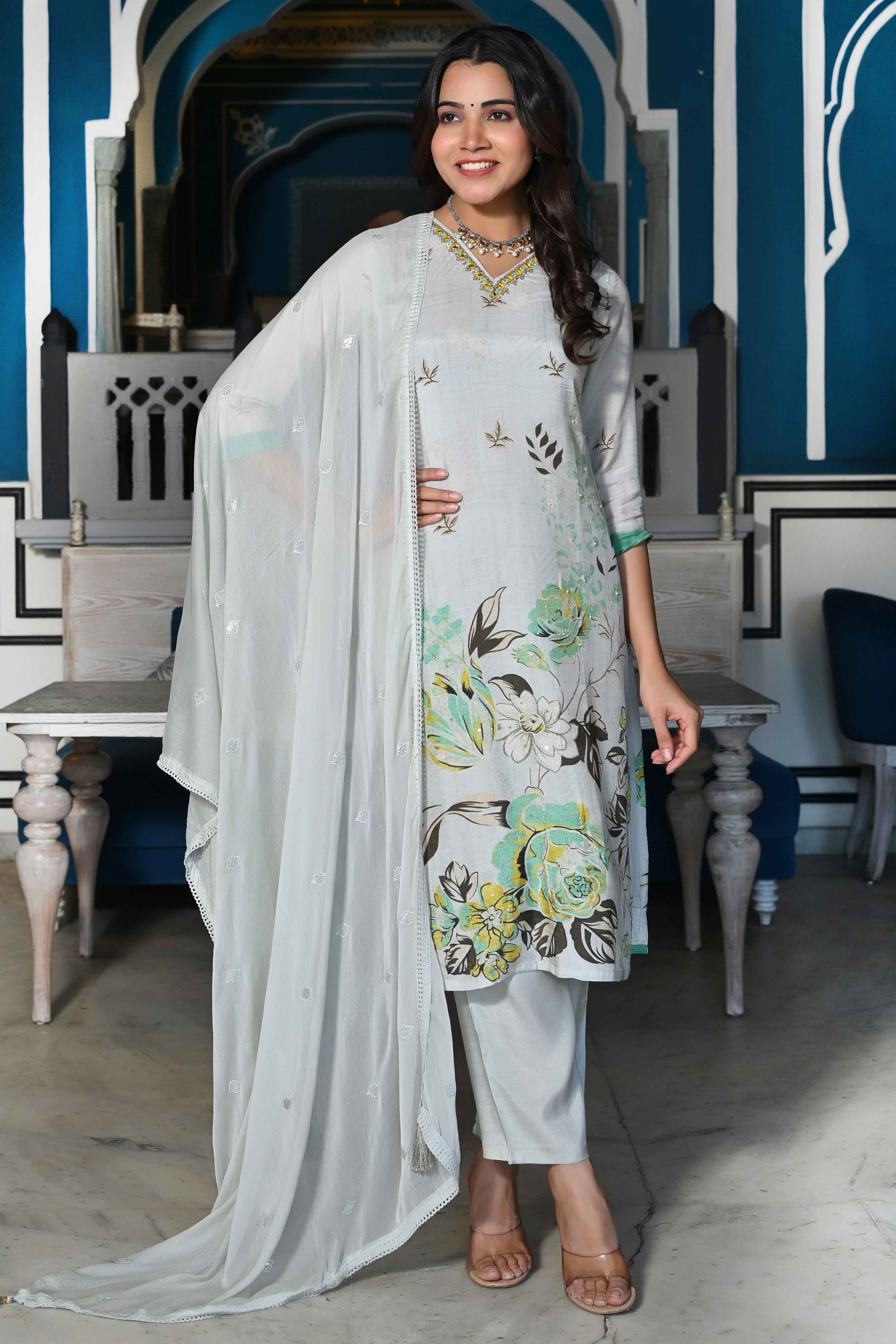 Grey Floral With Beads Work Printed Muslin Salwar Suit