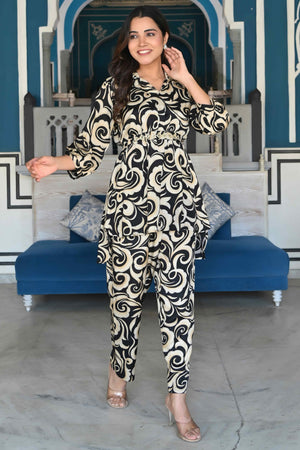 Black & Ivory Printed Muslin Front Knot Co-ord Set