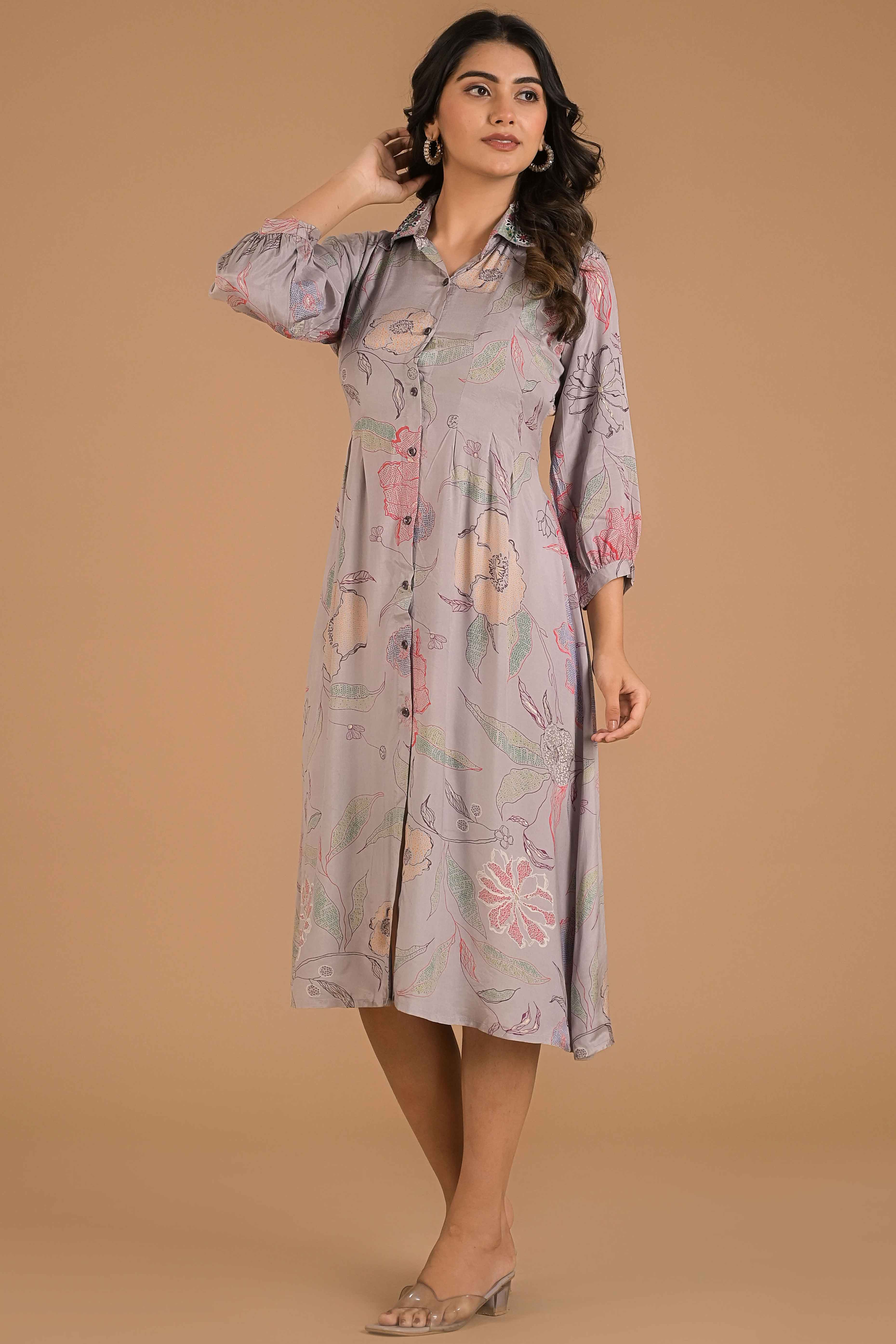 Light Purple Floral Printed Muslin A-Line Dress