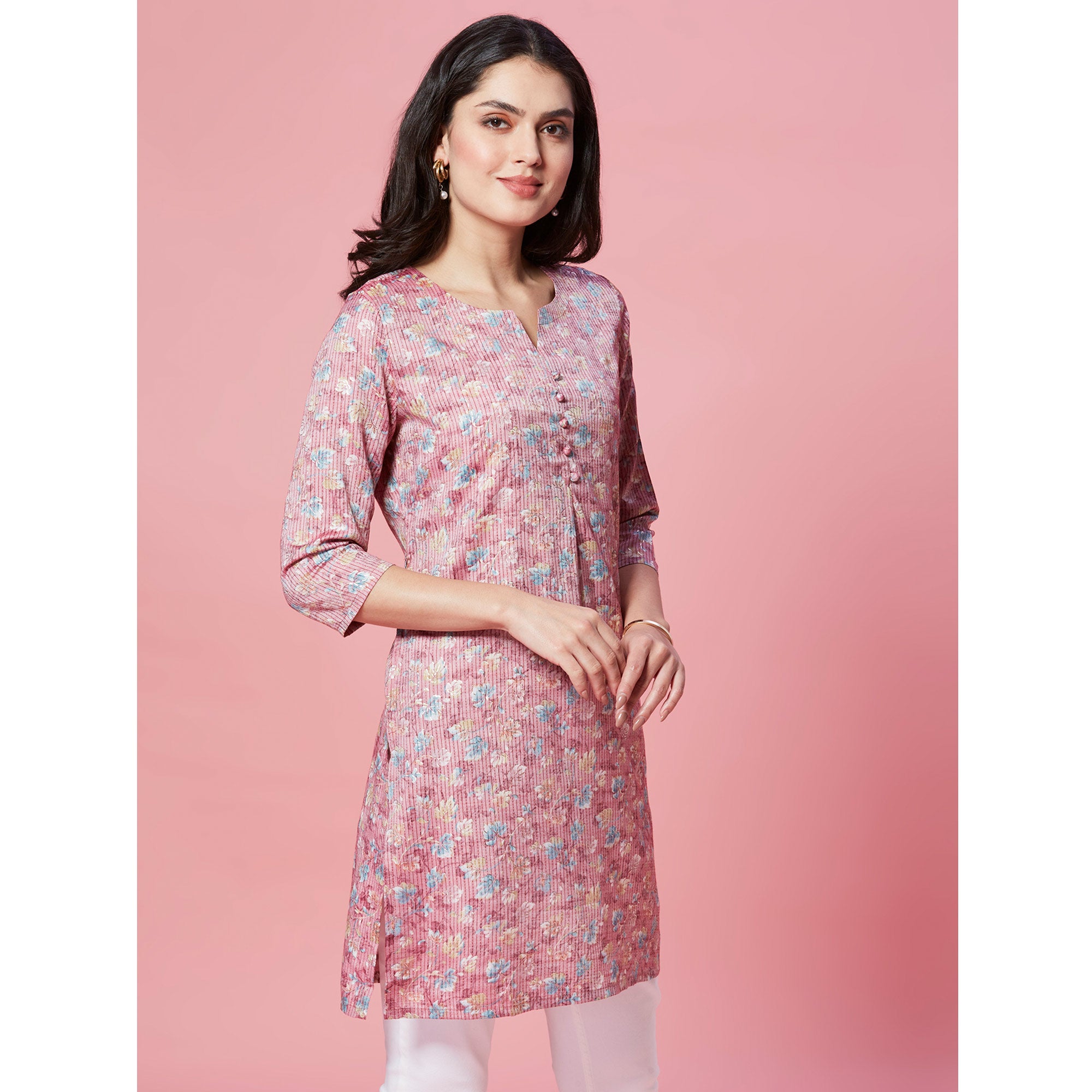 Mauve Floral Printed Pure Cotton Straight Kurti