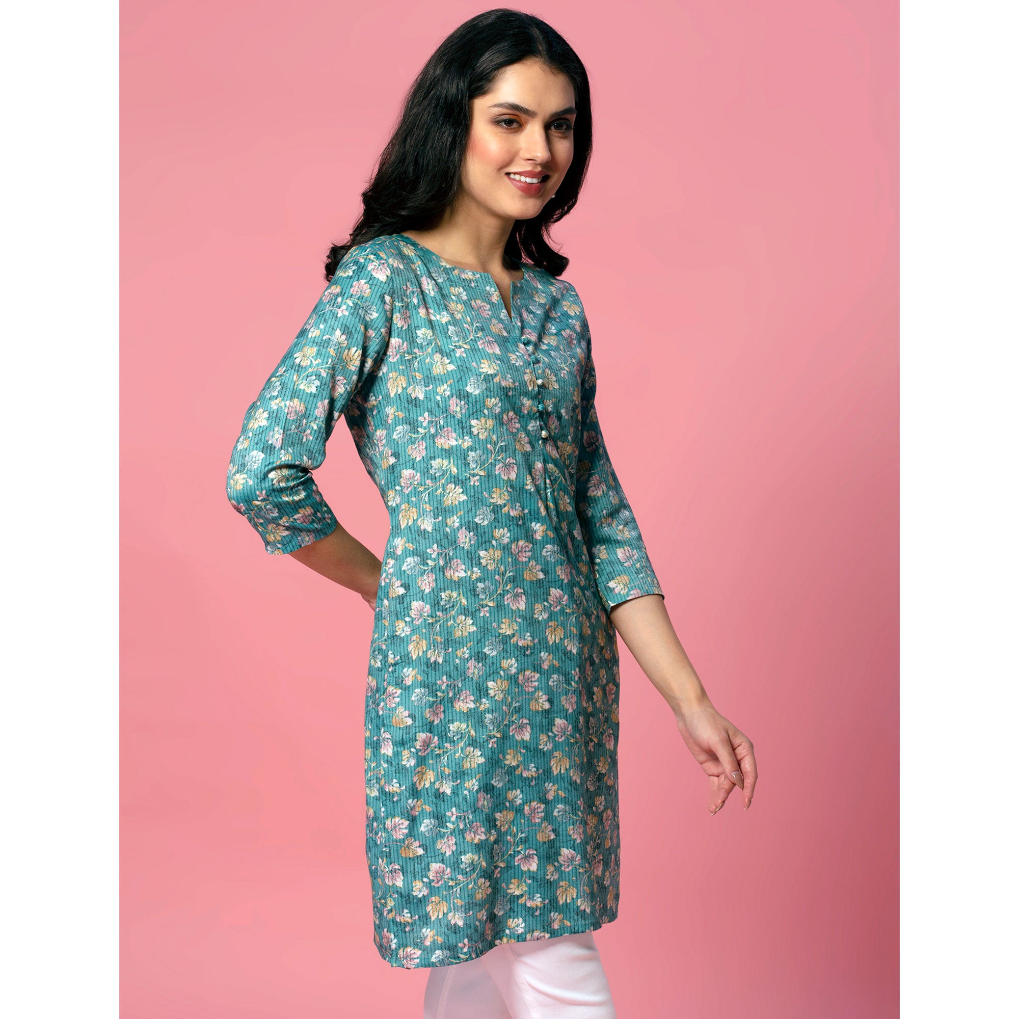 Turquoise Floral Printed Pure Cotton Straight Kurti