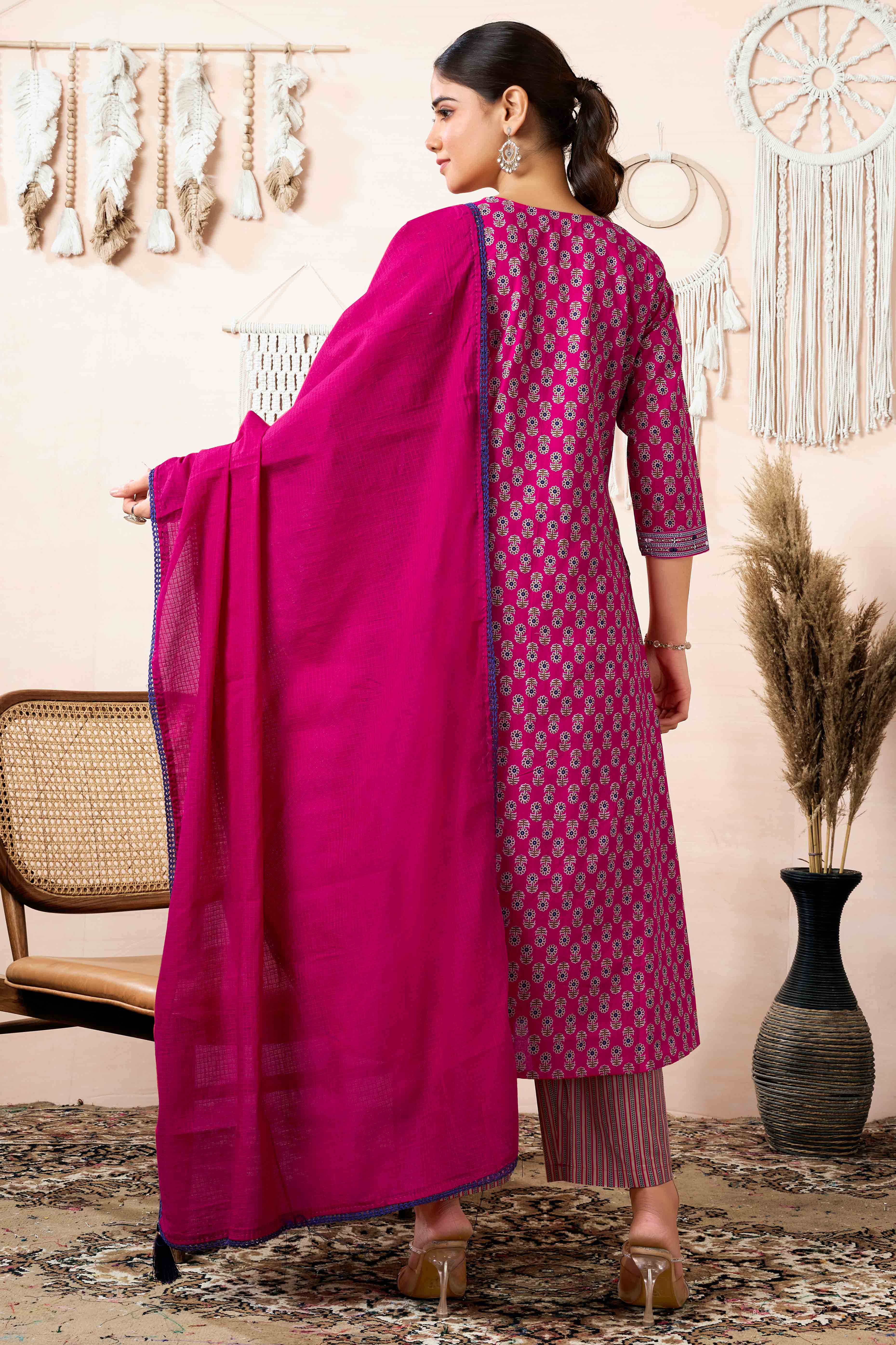 Pink Floral Printed Pure Cotton A-Line Salwar Suit