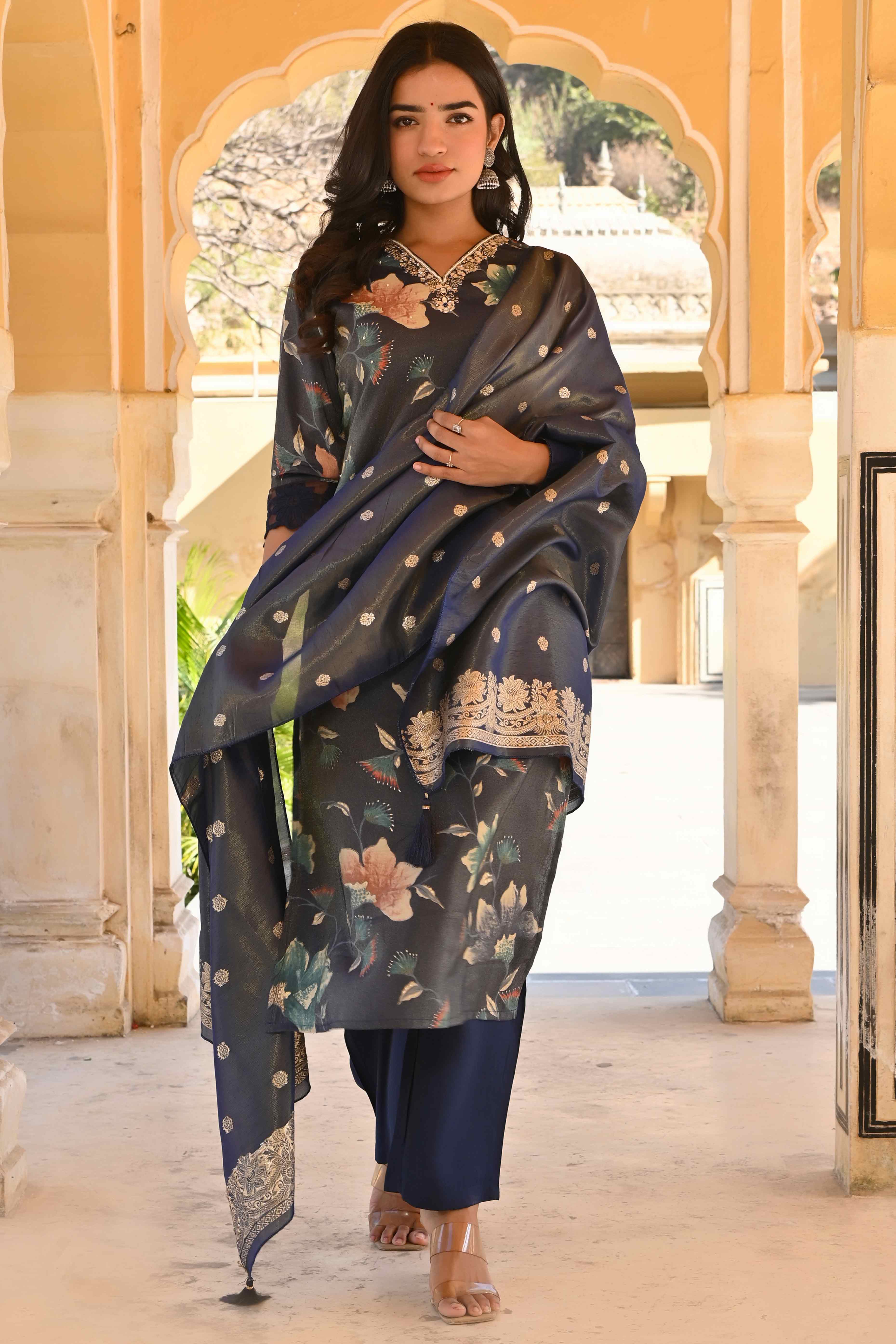 Blue Floral Foil Pinted With Handwork Viscose Salwar Suit