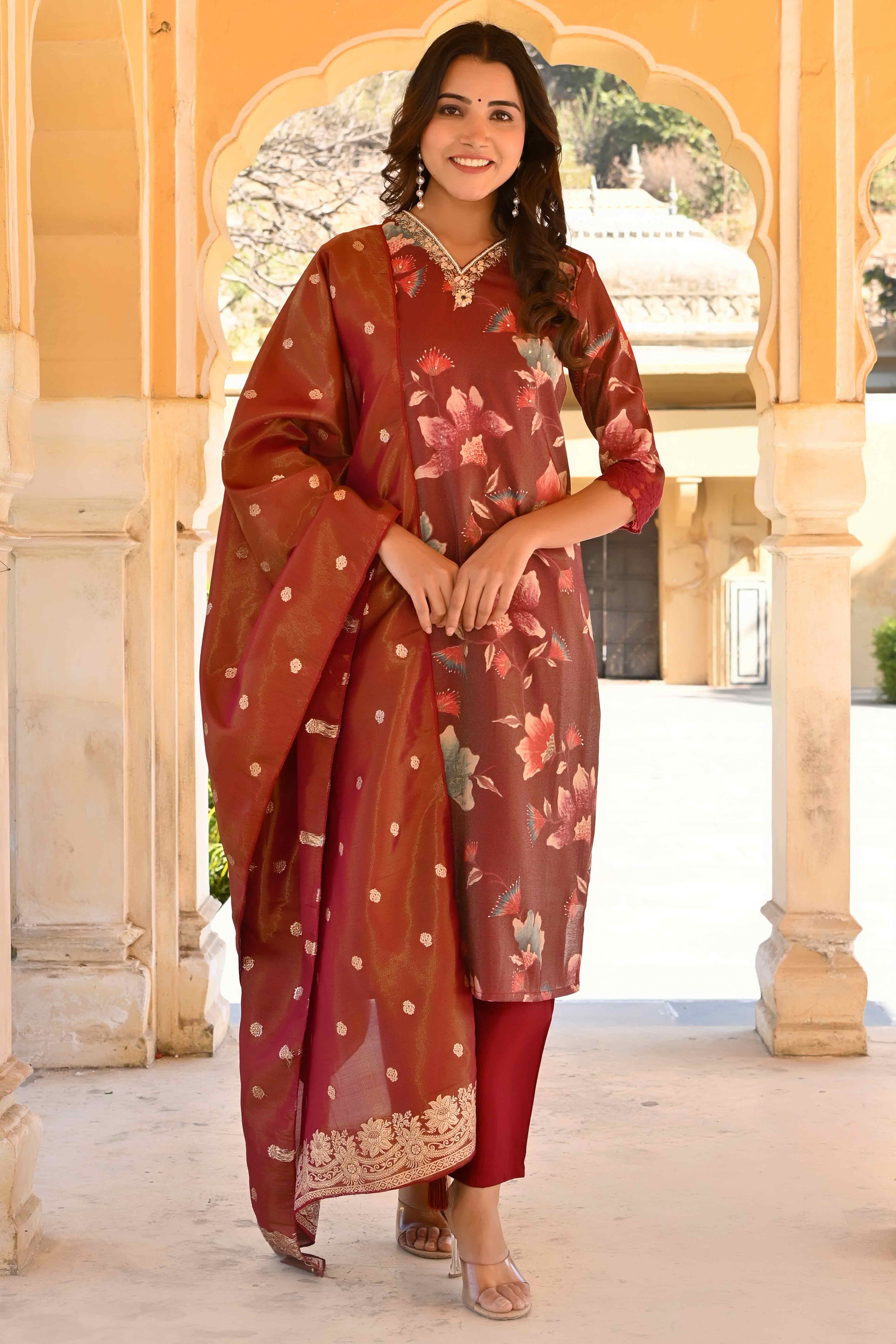 Wine Floral Foil Pinted With Handwork Viscose Salwar Suit
