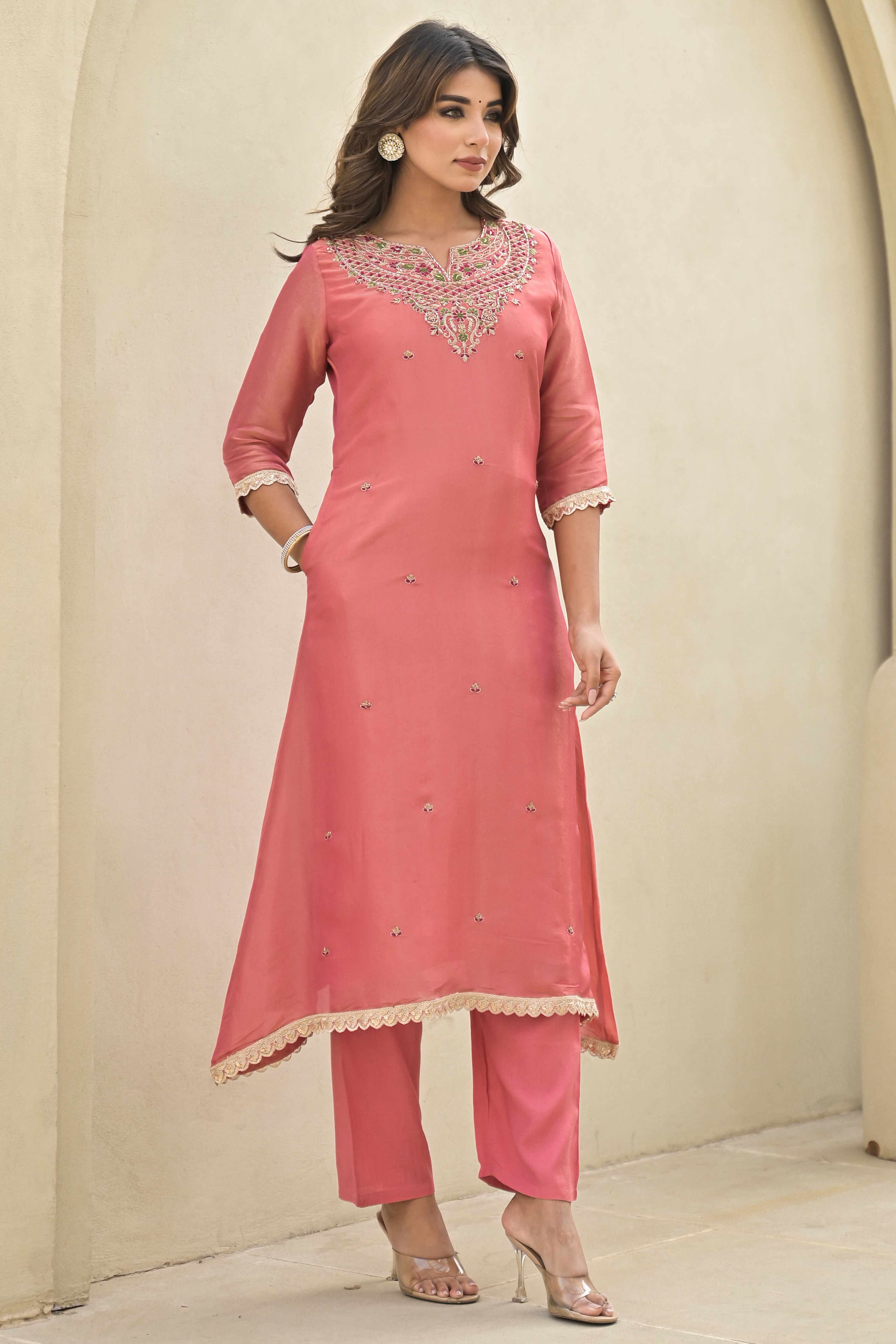 Peach Stone Work Embroidered Kanjivaram Silk Anarkali Salwar Suit